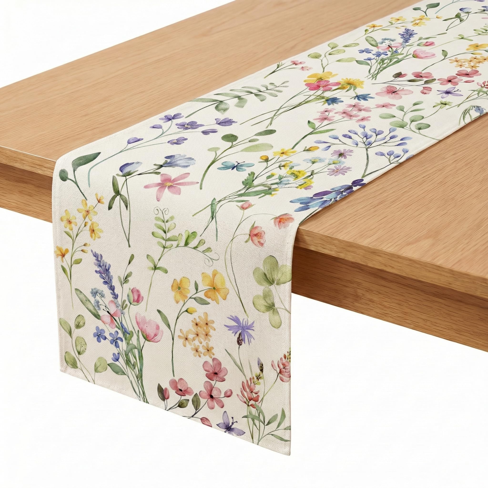 Hnycsir Floral Linen Table Runner (183x33cm), Spring Watercolor Botanical Table Mats for Dining Room, Rustic Farmhouse Kitchen Table Decor for Everyday, Party & Holiday (Colorful Wildflowers)