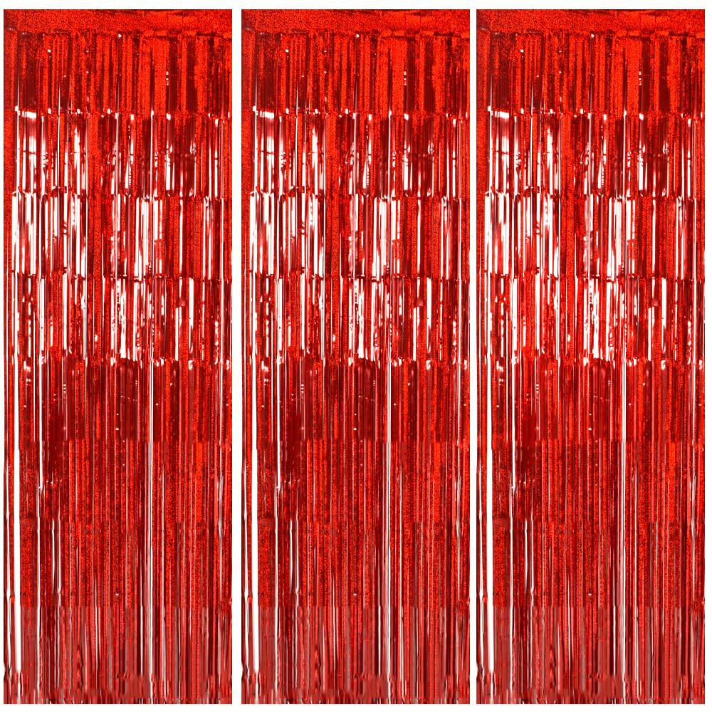 TONIFUL 3Pcs Laser Red Door Streamers,Laser Red Photo Booth Backdrop Metallic Streamers Foil Fringe Curtains for Birthday,Christmas,New Year,Bachelorette,Grad Party Streamers Decor(9.9ft x 6.6ft)