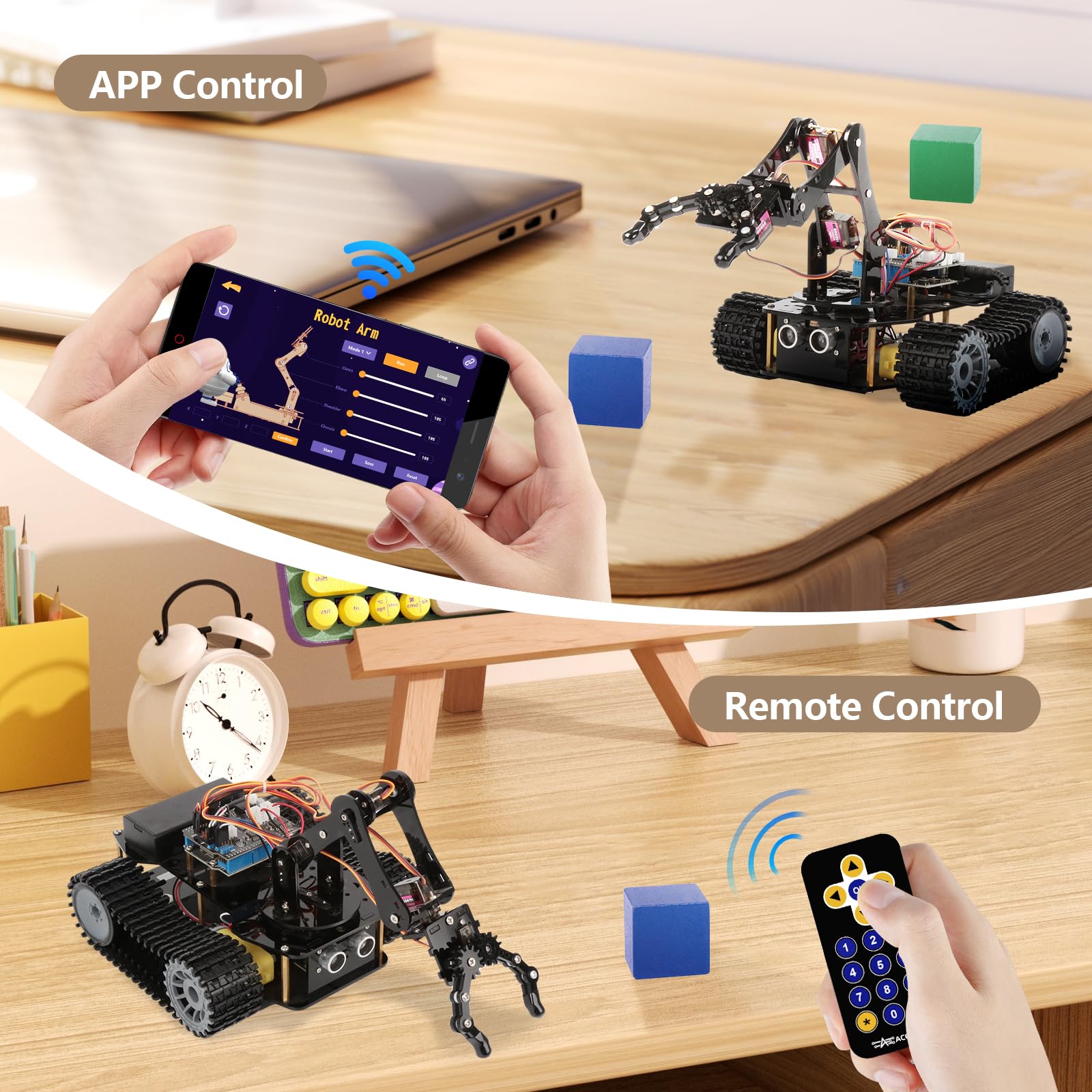 Robotik für Kinder ab 12 Jahren,ACEBOTT 4-in-1-Smart-Roboterarm mit 5DOF + Panzerfahrzeug,Spielzeug-Programmier-Set kompatibel mit Arduino und Scratch,App und Fernbedienung,für Kinder und Jugendliche