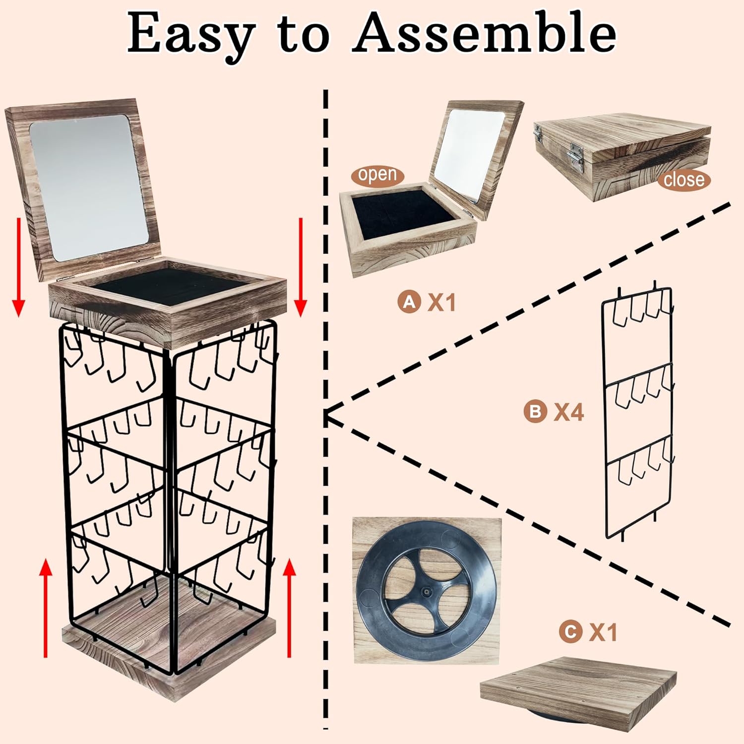 4-Tier 360° Rotating Earring Display Stand, Tool-Free Assembly Jewelry Organizer with Upgraded Velvet Tray & Mirror Top, for Vendors, Craft Fairs, Home Use