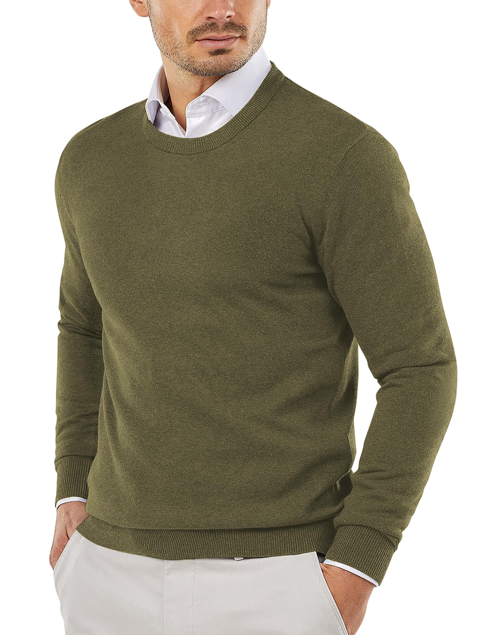 COOFANDY Herren Pullover mit Rundhalsausschnitt Strickpullover Slim Fit Feinstrick Pulli Business Sweater Herren Armeegrün XL