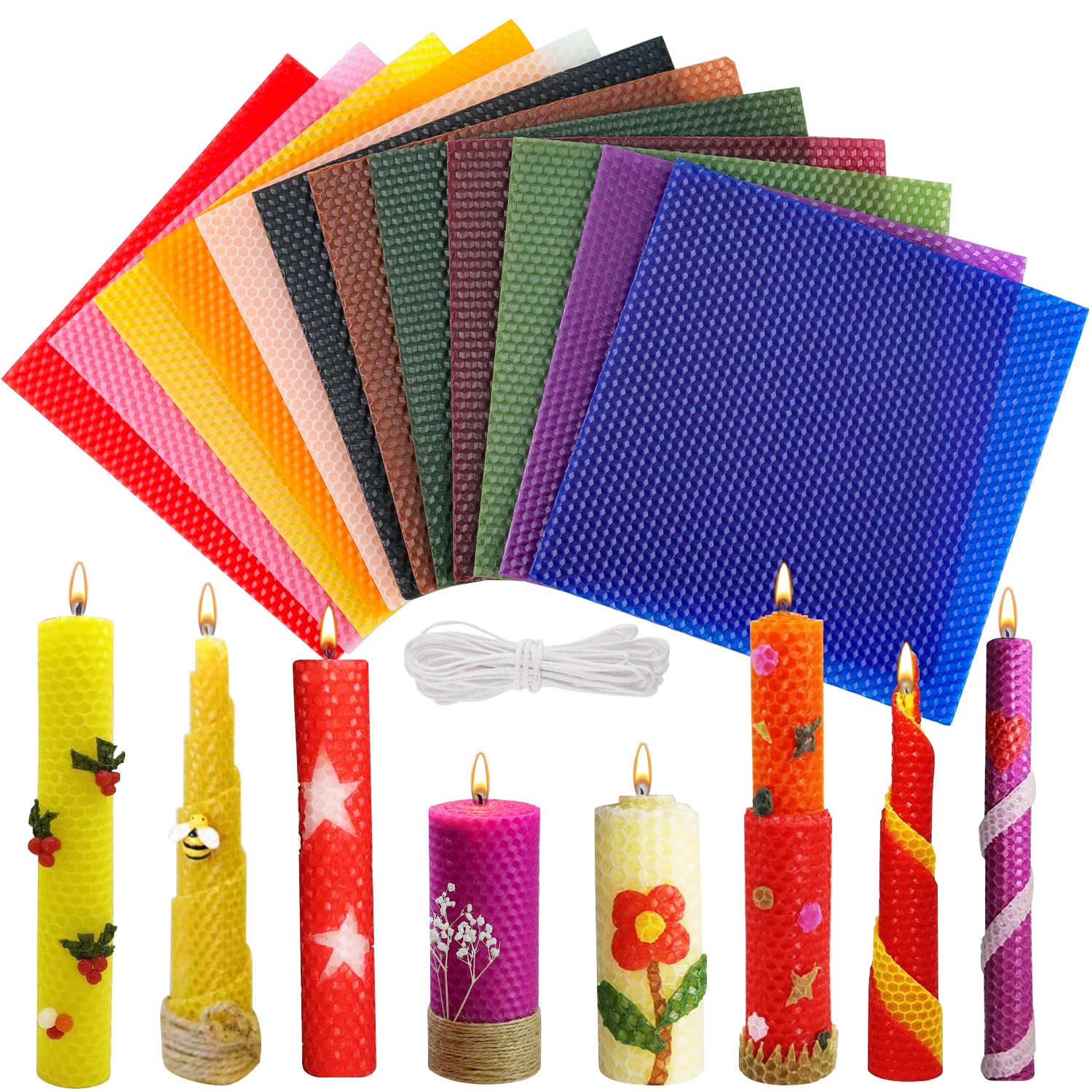 Lucywey Set di fogli cera d'api,12 diversi colori (20 x 20 cm) con stoppino in cotone da 6 m, candele fai da te, per adulti e bambini per candele fatte in casa