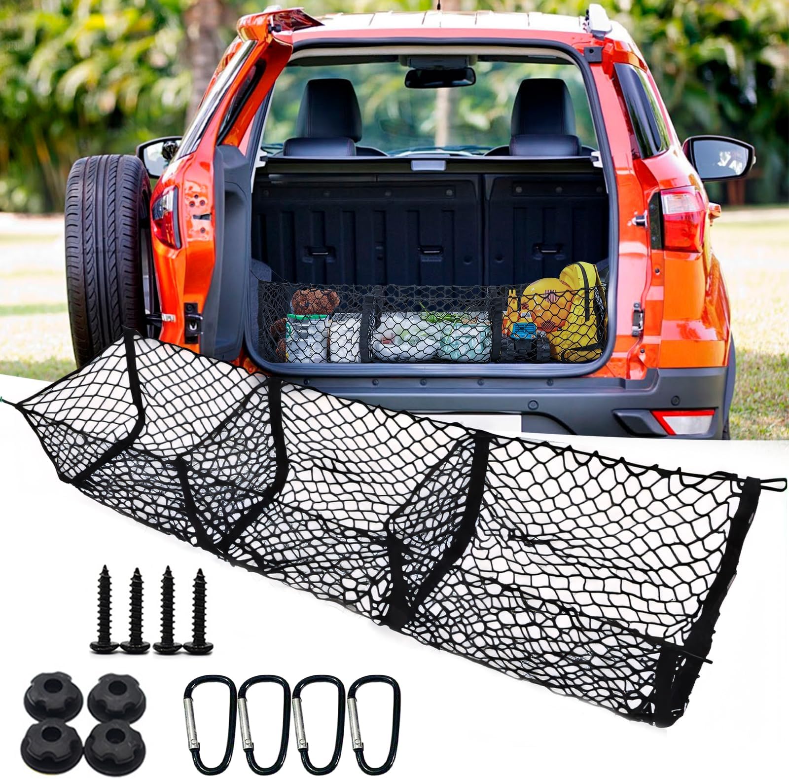 Cargo Net for SUV,Universal Elastic Mesh Net Trunk Bag Interior Accessories Storage 3 Pocket Cargo Net with 4 Metal Hooks(47.2×11.8 inch/120cmx30cm)