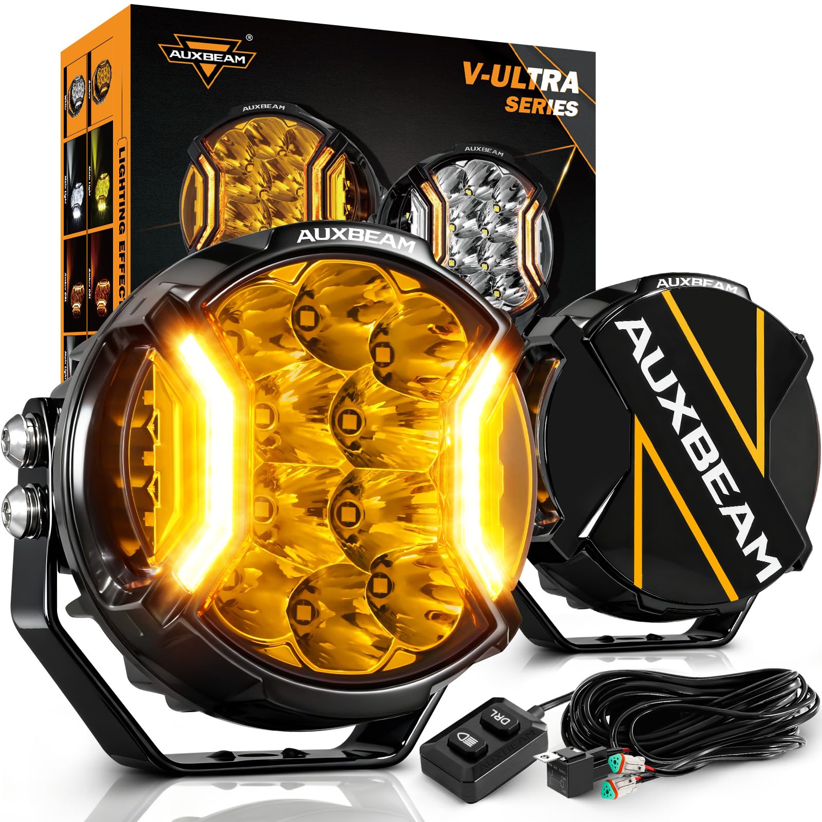 Photo 1 of Auxbeam V-Ultra Series 5" 172W Side Shooter Offroad Fog Lights, Amber DRL Function 3 Modes, 270 Degree Wider Range, 20400LM Round LED Pods Light Bar with Protective Covers, Pair