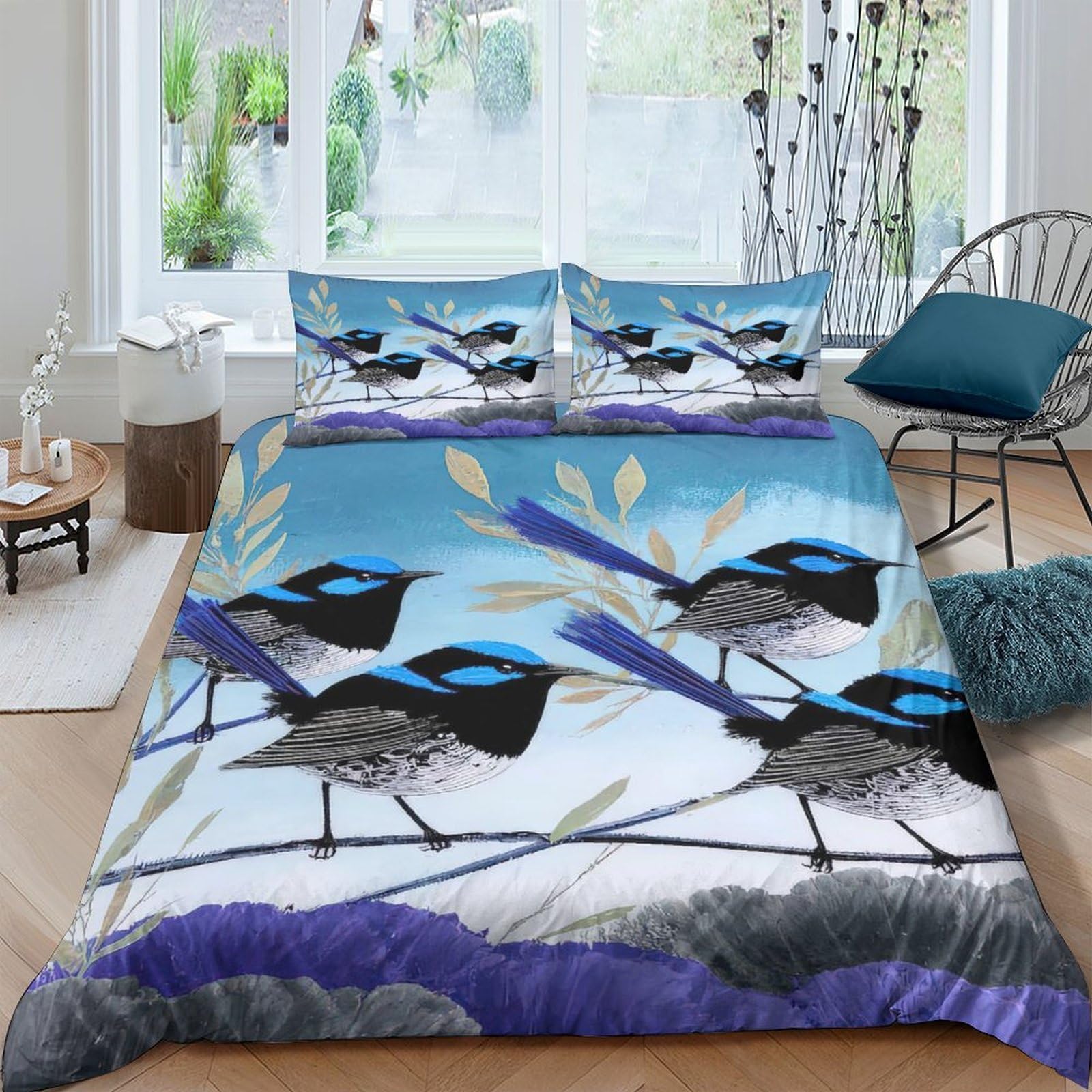 GPLZQXKJNH 3D Printed Birds on Branches Duvet Cover Microfiber Soft Blue Artistic Bedding Set with 2 Pillowcases for Bedroom Decoration Single（135x200cm）