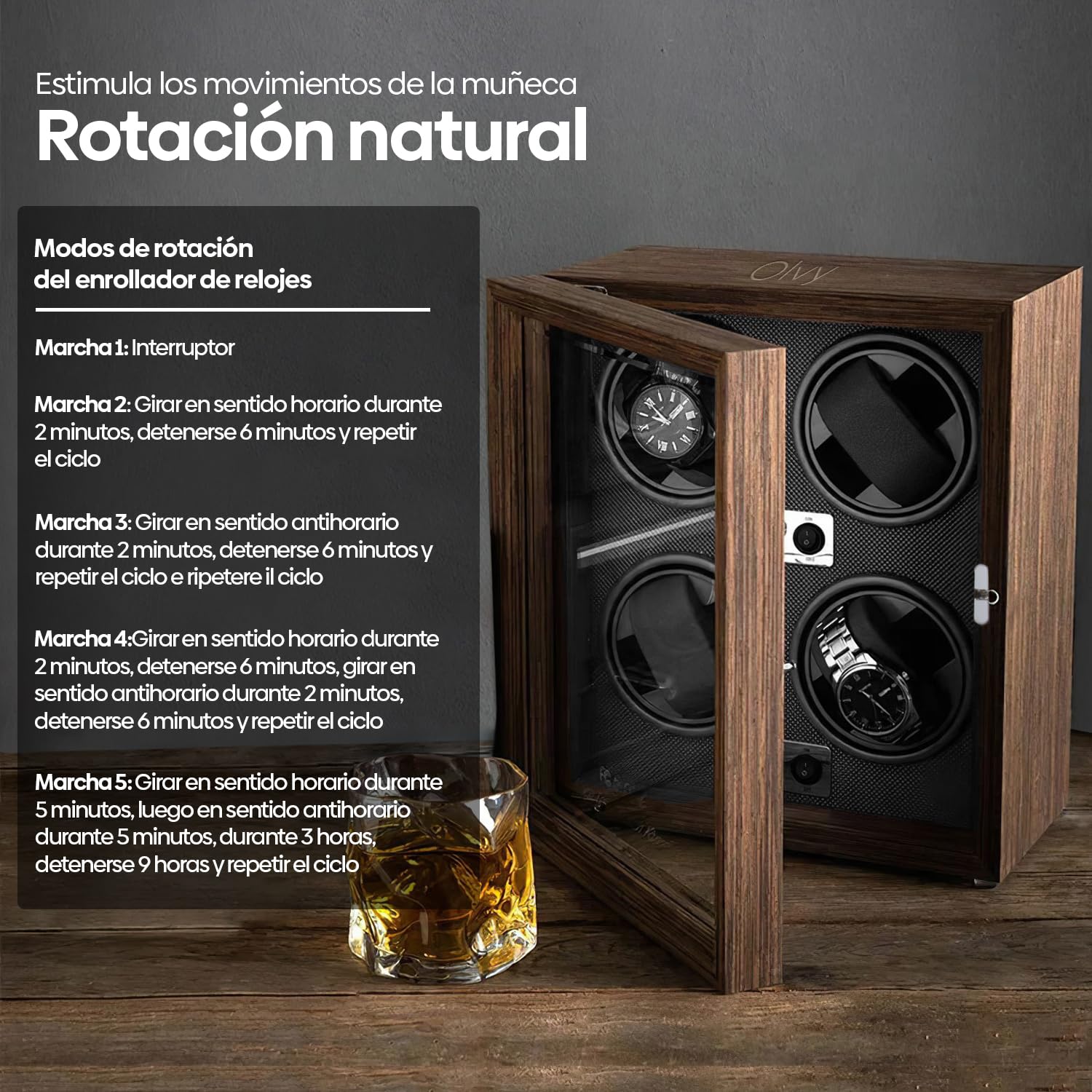 Olvy Caja de Reloj para 4 Relojes, iluminación LED, Caja de Madera, Motor Mabuchi Extremadamente silencioso, cojín Flexible para Relojes