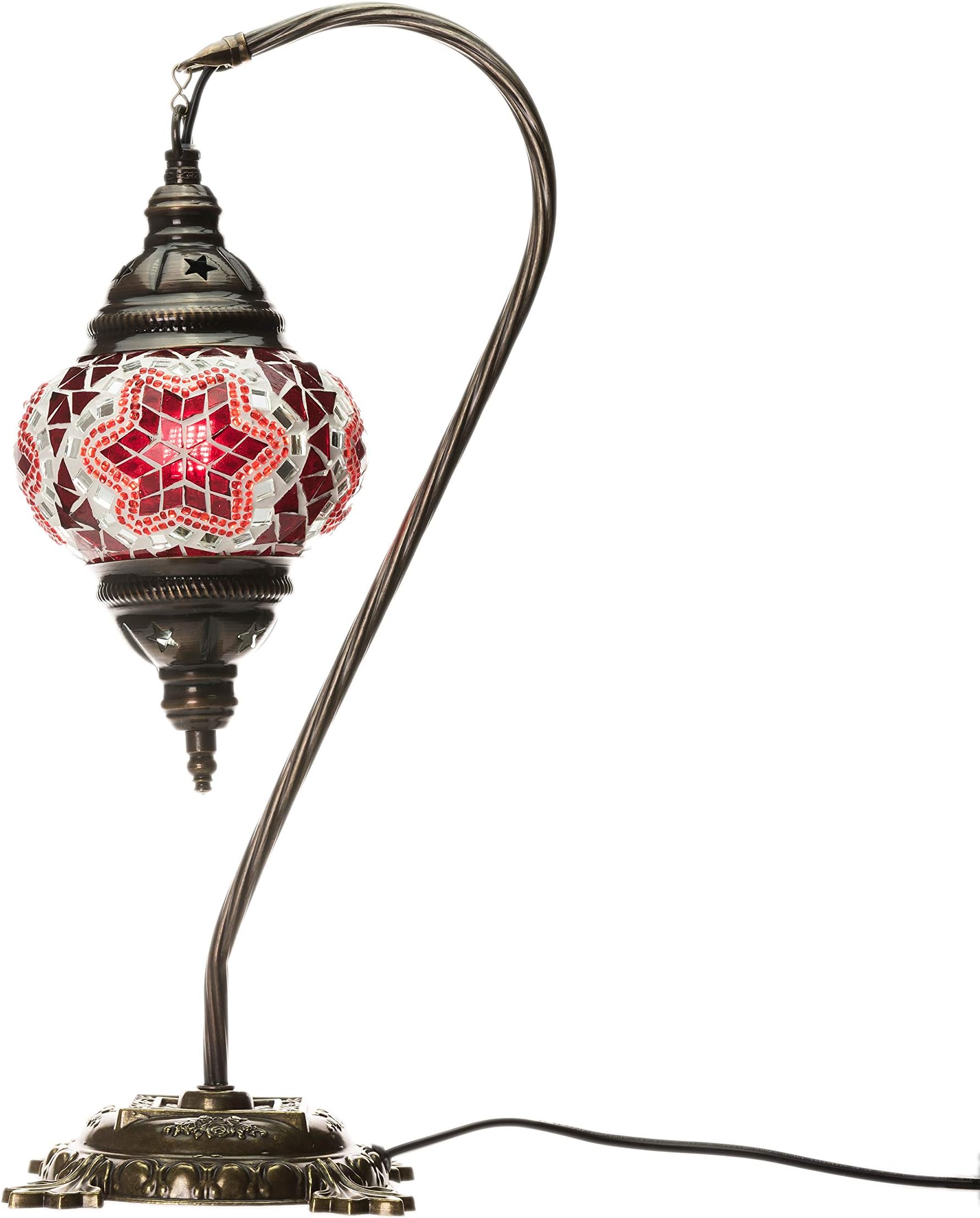 Handmade Turkish Lamp Moroccan Ottoman Style Mosaic Swan Neck Desk Table Light Bedroom Restaurant Cafe Decoration Lamp (Red)