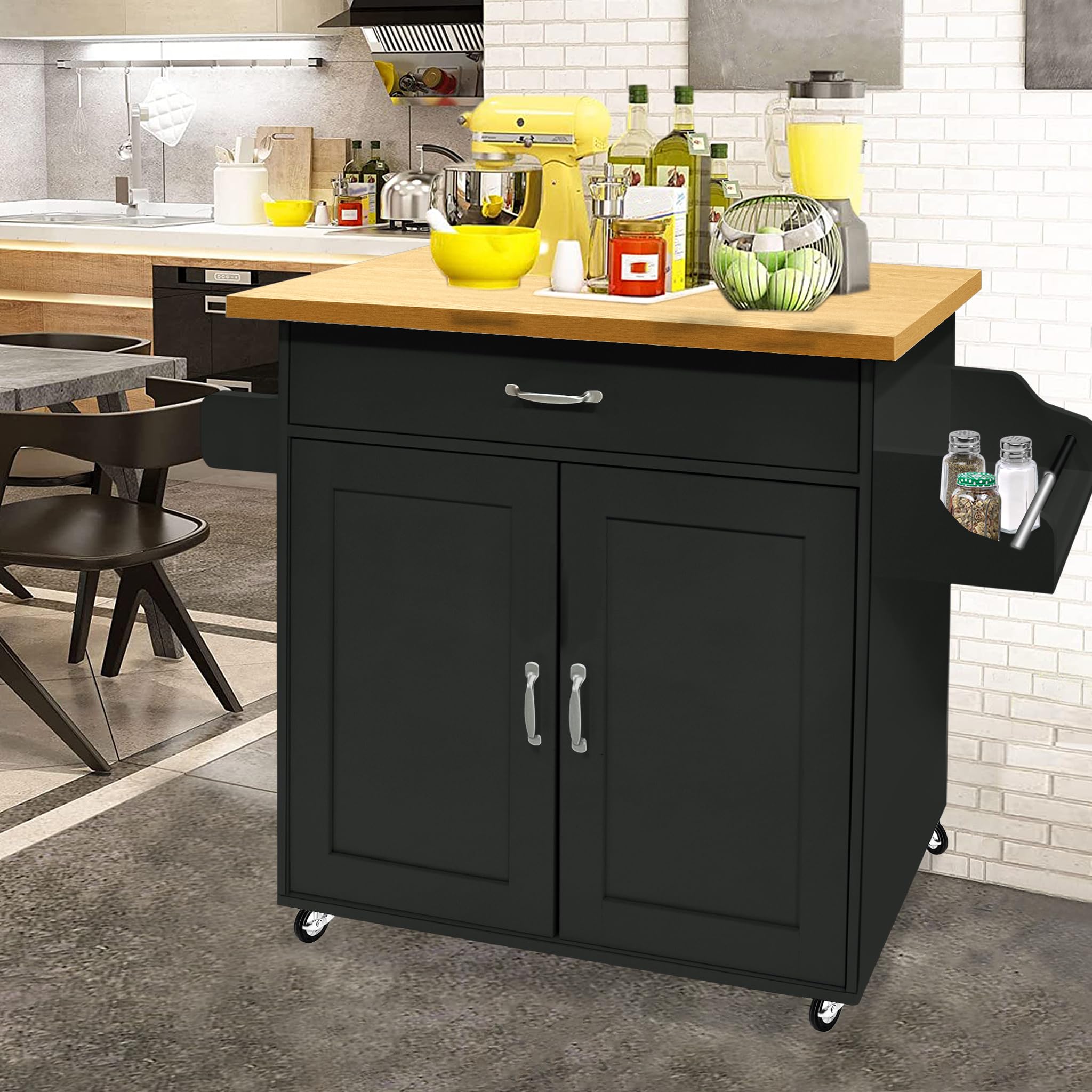 LZQ Chariot de cuisine avec plan de travail Mobilier de cuisine mobile Îlot de cuisine Roulable, chariot de cuisine, chariot de service 115x36x90cm Noir