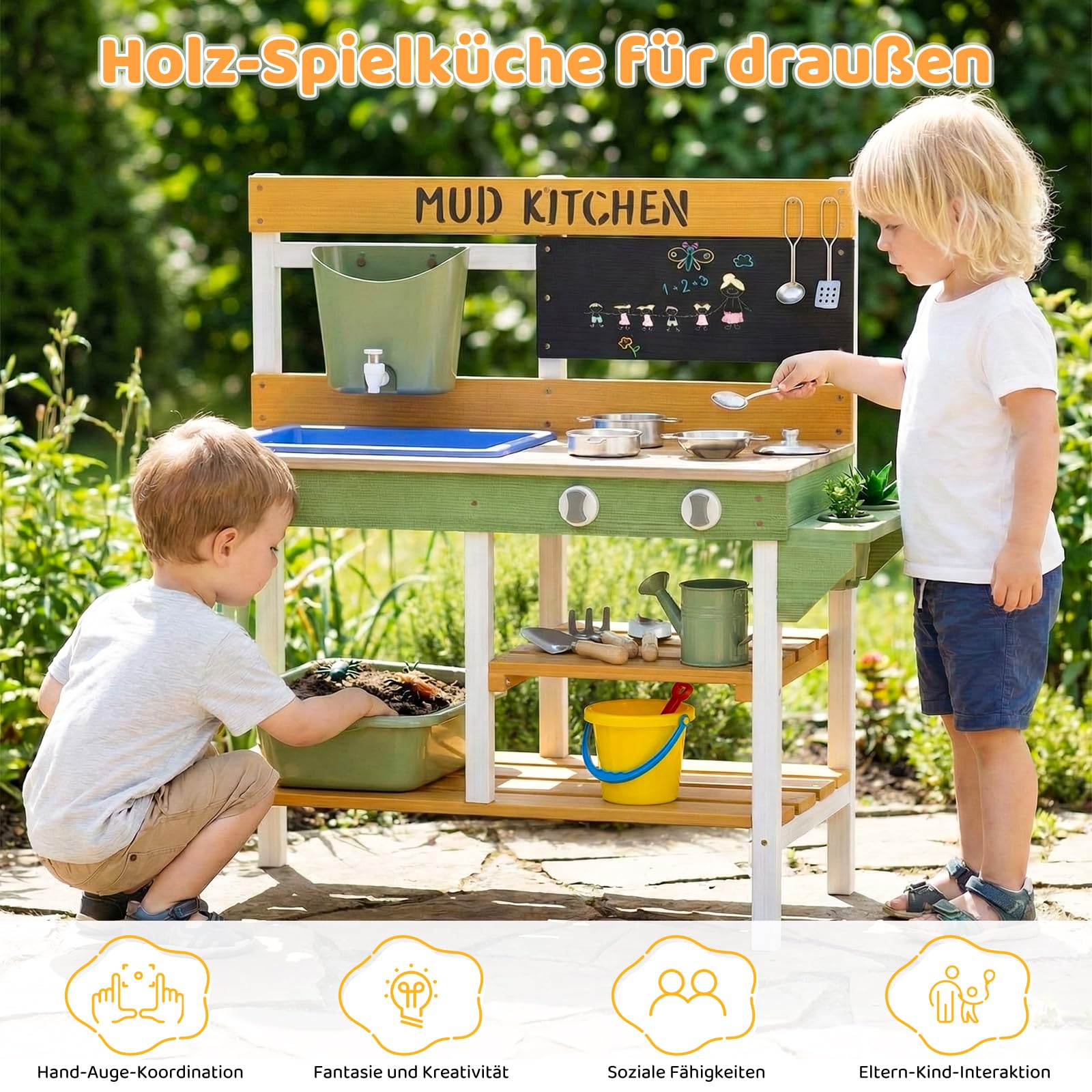 MAMIZO Cucina per Bambini da Esterno, Cucina da Giardino in Legno con Rubinetto Funzionante, 2PCS Vasi per Piante, Attrezzi da Giardino, Lavagna e Ripiani, 93x37x88 cm, per Bambini +3 Anni