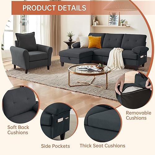 Miniatura 4 de Juego de 2 Piezas de Sofá Seccional Convertible para Sala de Estar, Sofá en Forma de L de 79" de 3 Asientos con Otomana de Almacenamiento y Silla