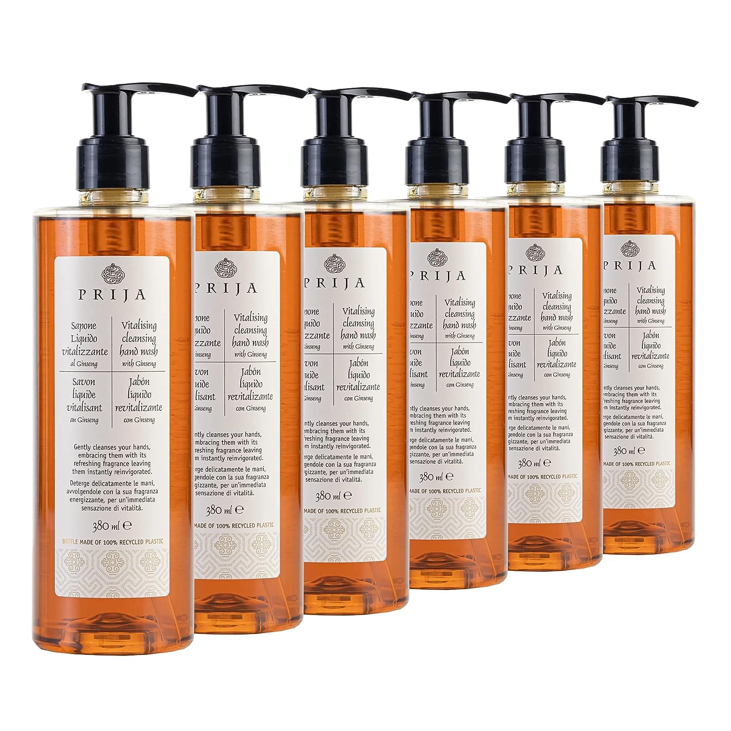 Prija Jabón líquido con ginseng 6 botellas de 380 ml, revitalizante, spa de hotel, jabón de manos, vegano, dermatológicamente probado