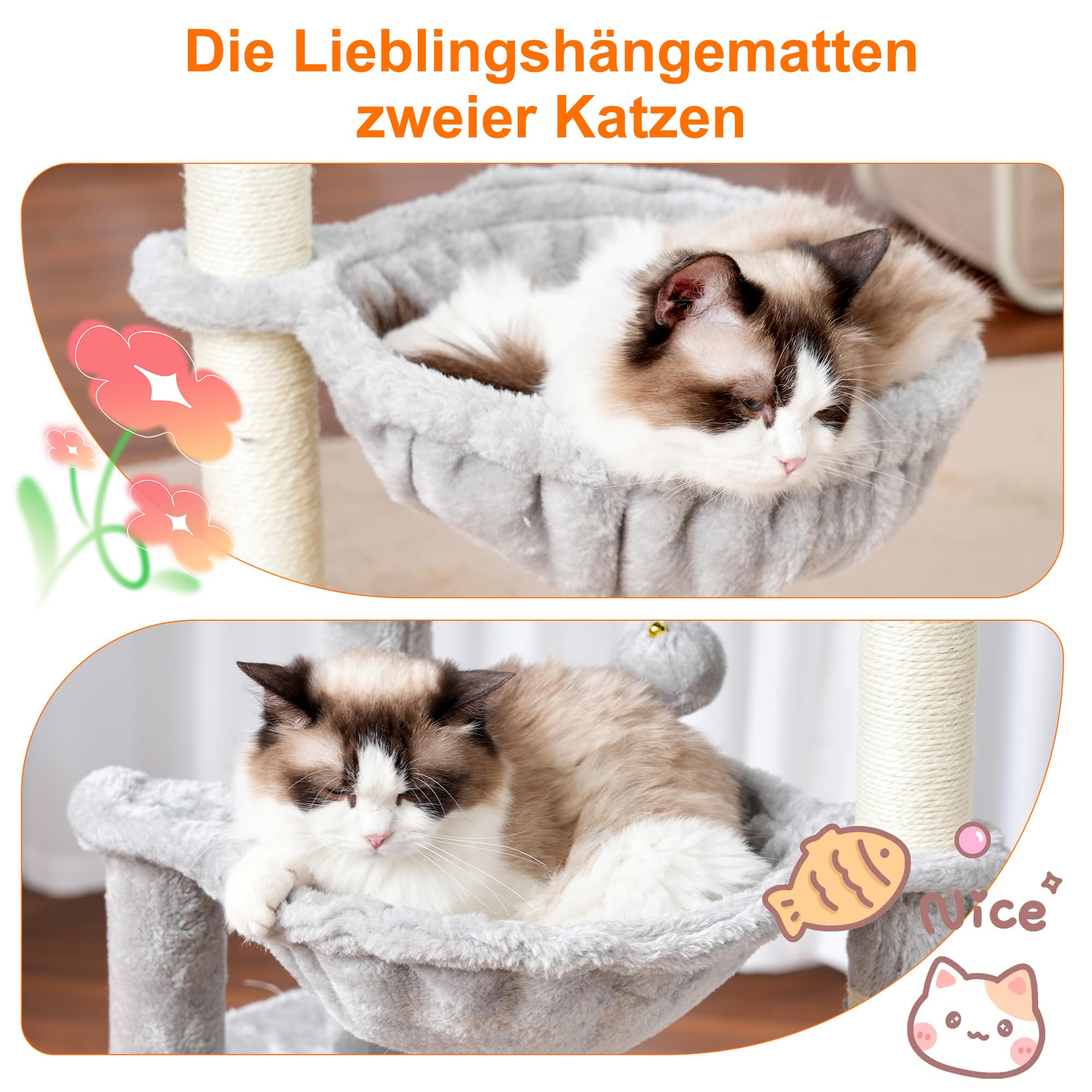 Heybly Kratzbaum, 100cm hoher Katzenbaum Kletterturm mit großer Plattform Oben, Höhle, 2 Hängematten, Katzenspielzeug, Katzenmöbel, Kletterbaum Aktivitätskratzbaum, Hellgrau HCT006SW