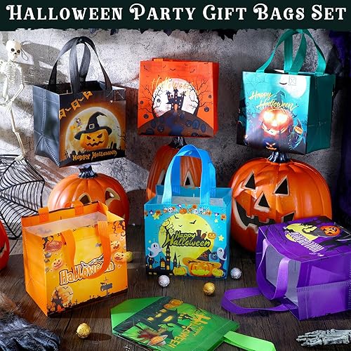 Miniatura 10 de Paterr Bolsas de Halloween para dulce o truco, reutilizables, no tejidas, con asas, pequeñas bolsas de regalo para fiestas de Halloween, suministros