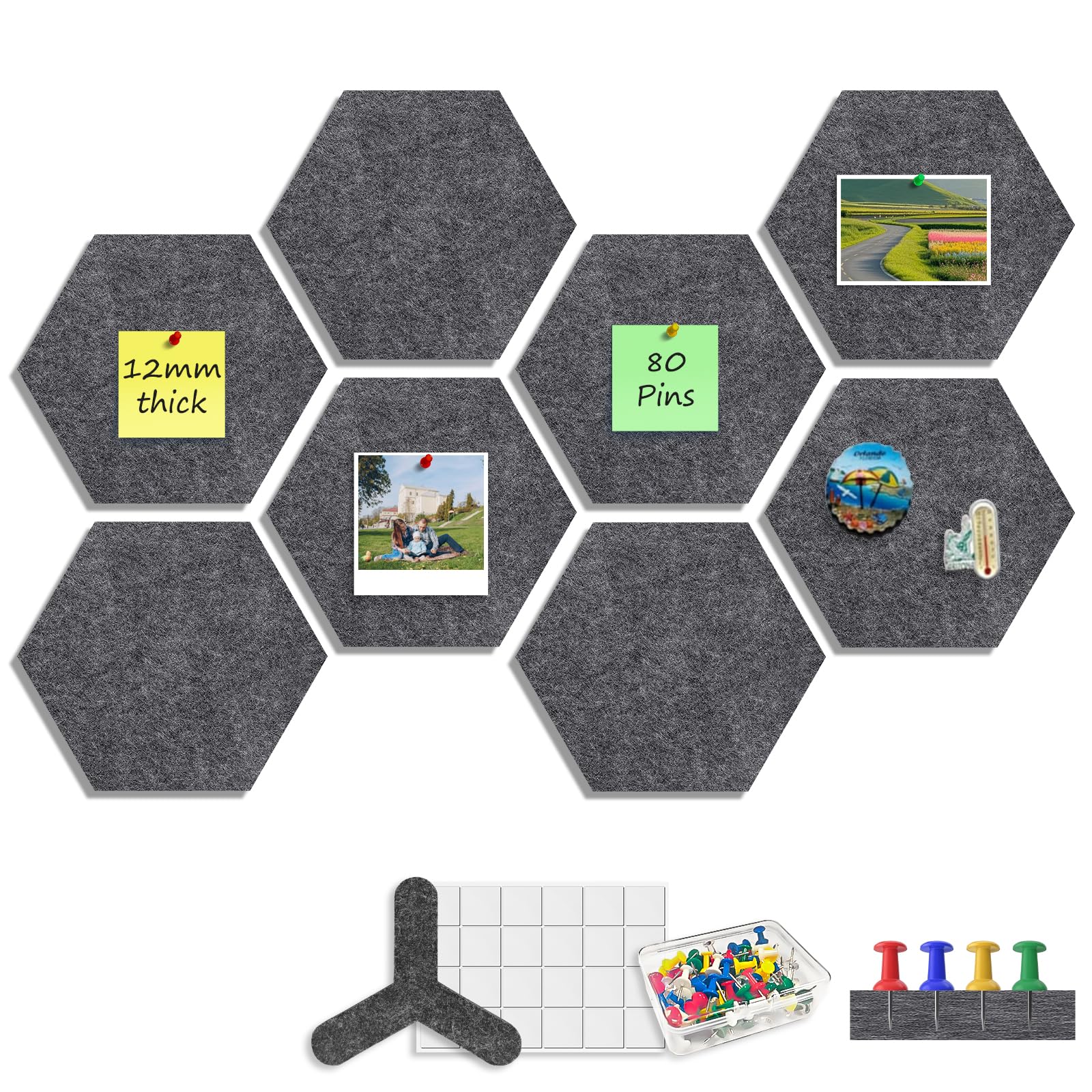 Hexagon Filz Pinnwände 8 Stück, 12mm dicke 22x19cm, Dunkel Grau | mit 60 Push-Pins & Klebepads für DIY-Memo-Pinnwand, dekorative dunkelgrau Vision-Board für Büro Zuhause Küche & Schlafzimmer
