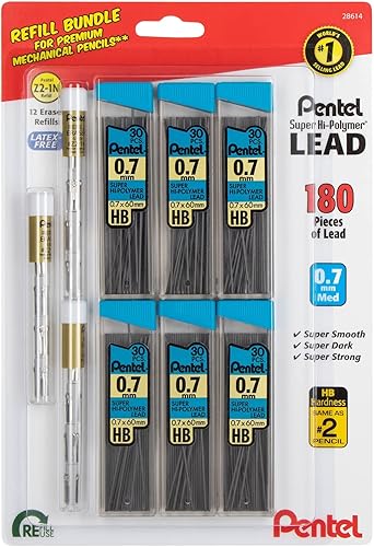 Pentel Paquete de recambio de borrador y plomo para lápices mecánicos, paquete económico de repuestos de plomo de alta calidad, 0.028in, 6 paquetes