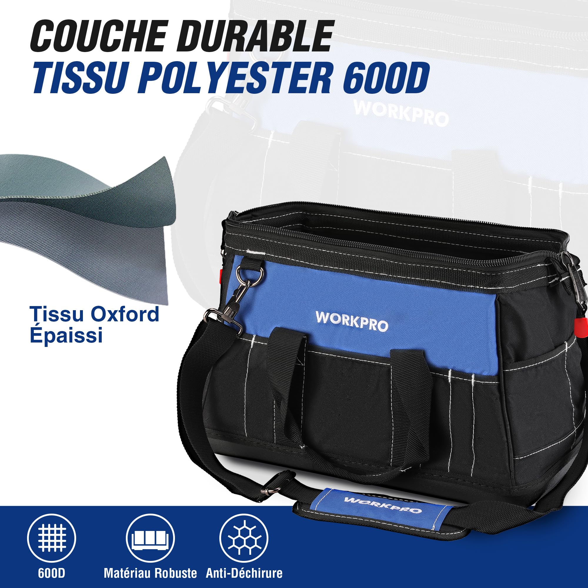 WORKPRO Sac à Outils avec Grande Capacité et Fond Dur Sac Porte-outil 40 cm