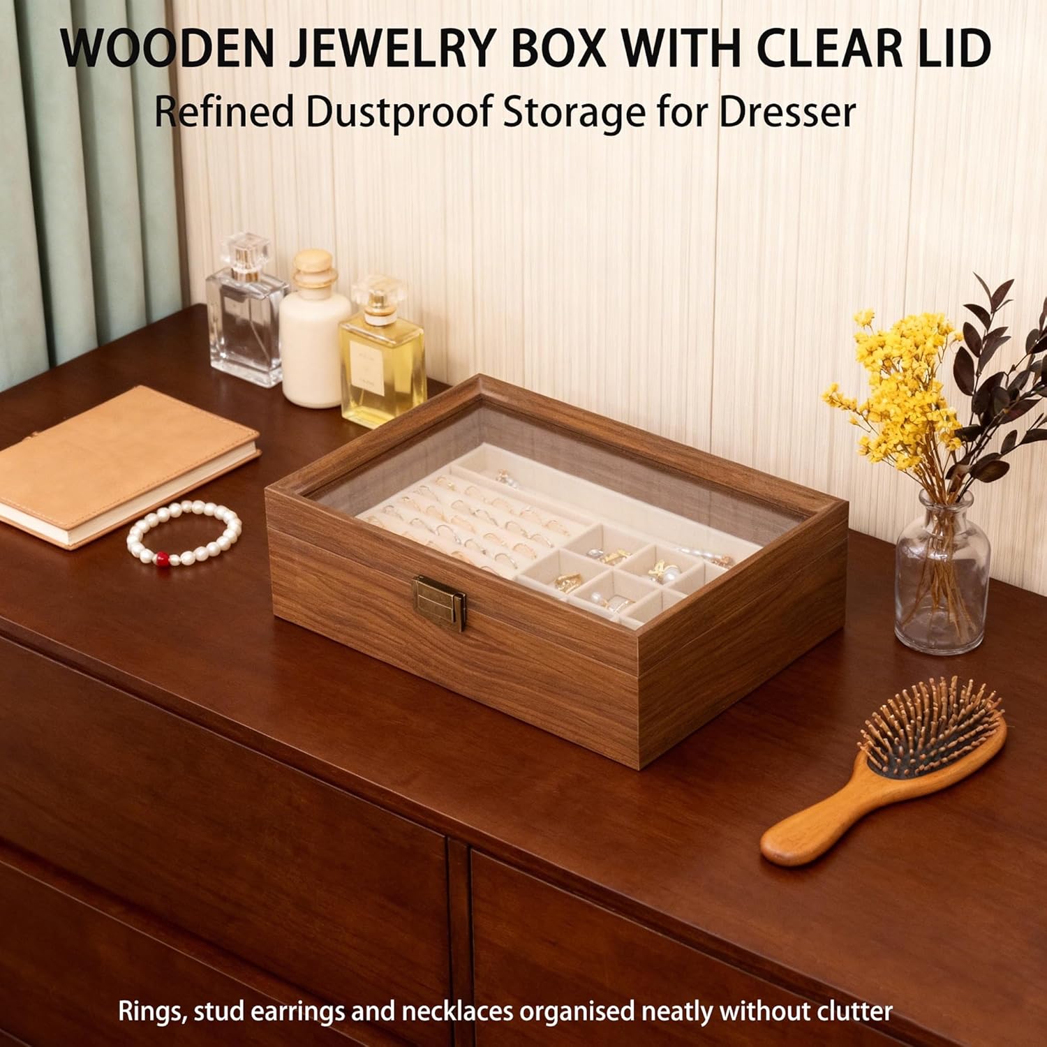 2-Layer Glass Lid Walnut Jewelry Box for Women, Vintage Style Solid Wood Jewelry Organizer and Display Case, Ideal Gift for Rings, Earrings, Necklaces & Bracelets - Image 6