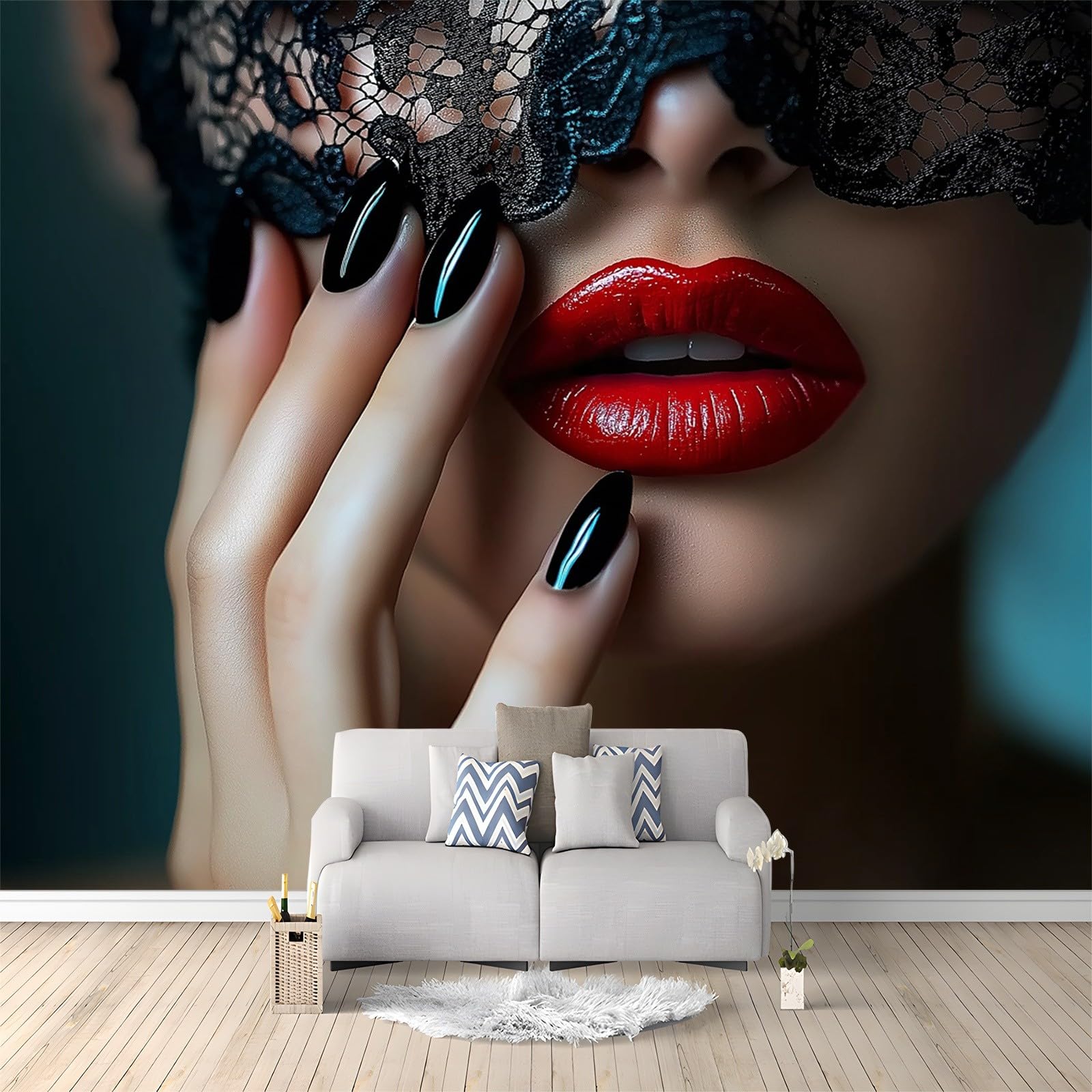 Stile Di Moda Labbra Unghie Carta Da Parati 300 X 210 Cm Nero Pizzo 3D Fotomurale – Poster Gigante Da Parete Per Camera Da Letto, Soggiorno, Hotel O Corridoio – Decorazione Murale Moderna Di Lusso