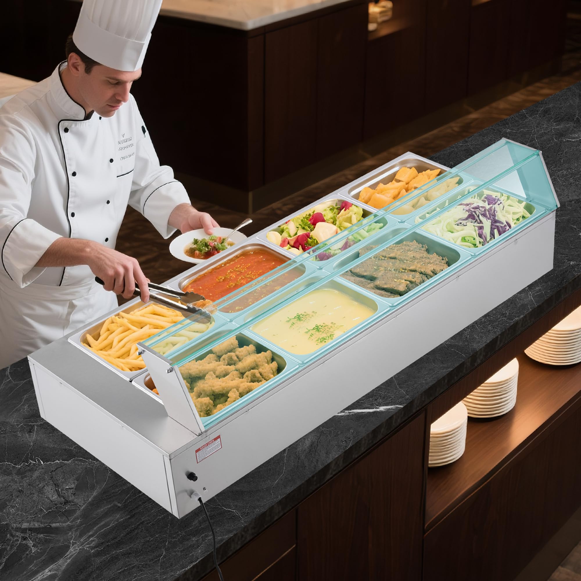 VEVOR Scaldavivande Commerciale, Scaldavivande Elettrico in Acciaio Inox da 1700 W con Coperchio in Vetro, Bagnomaria da Banco a 8 Teglie, con Mestoli per Zuppa e Forati, per Ristoranti