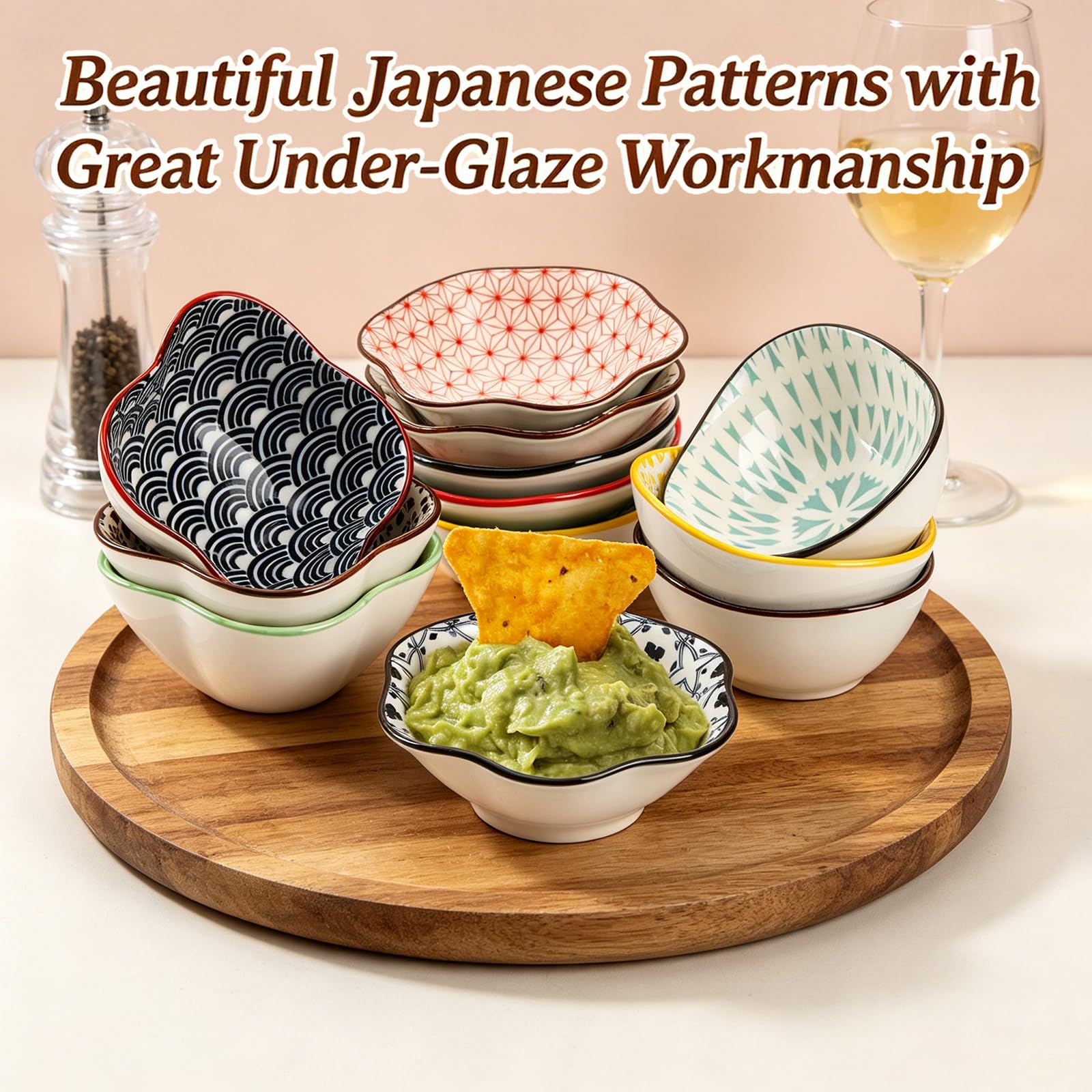 Frcctre 12 Stück Keramik-Dip-Soßenschüsseln, 85 ml Mini-japanische Soja-Saucen-Set, kleine Vorbereitungsschalen, Gewürze, Vorspeisen, Teller, Beilagen für Sauce, Ketchup, Dessert-Snack