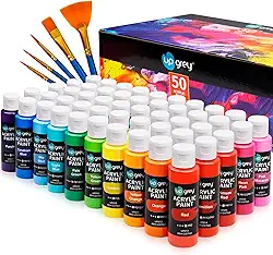 UPGREY Conjunto de tintas acrílicas de 50 cores, tintas de arte não tóxicas (2fl Oz/60 ml cada) com 5 pincéis de pintura artesanal, tintas acrílicas metálicas para crianças e adultos para artesanato