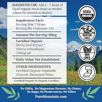Pure Mountain Botanicals Organic Liquid Stevia Drops - 1 oz Glass Bottle - Sugar Substitute Sweetener - Alcohol Free - No Additives - Kosher - ~200 Servings