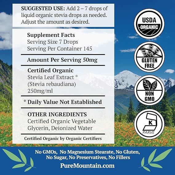 Pure Mountain Botanicals Organic Liquid Stevia Drops - 1 oz Glass Bottle - Sugar Substitute Sweetener - Alcohol Free - No Additives - Kosher - ~200 Servings