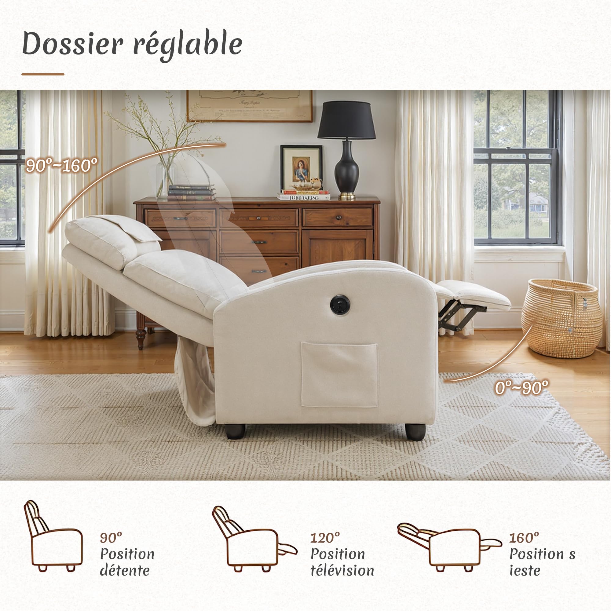 BonVoche Fauteuil Relax, Fauteuil Détente avec Ports de Chargement USB & Type-C, Dossier et Footstool Réglables, Siège Individuel pour Salon, Chambre, Bureau, Tissu Lin, Beige