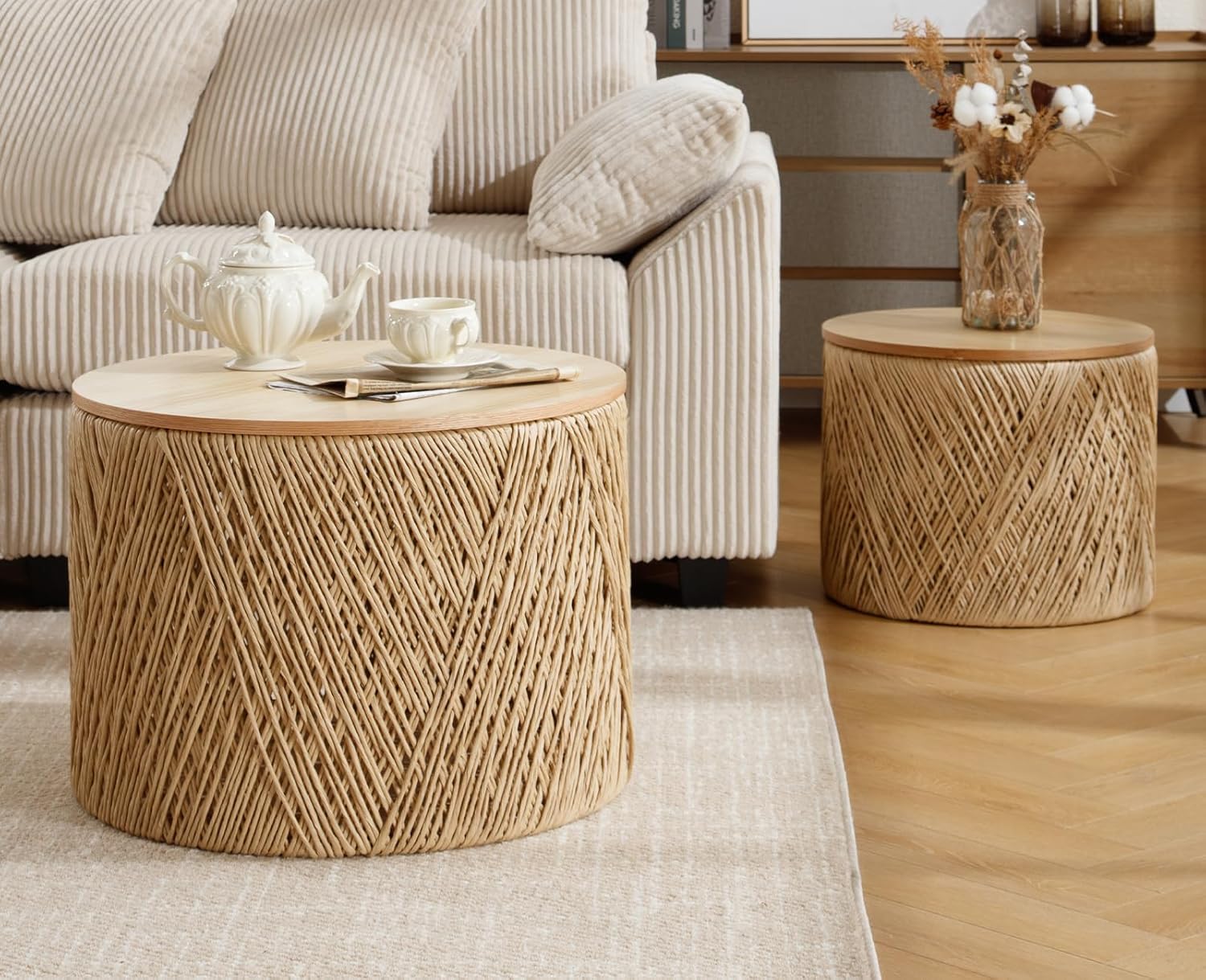 chairus Nesting Coffee Table Set of 2 Boho Round Living Room Tables with Storage Woven Rattan Center Table for Living Room, Bedroom, Lounge, Guests Room, Waiting Room, Natural