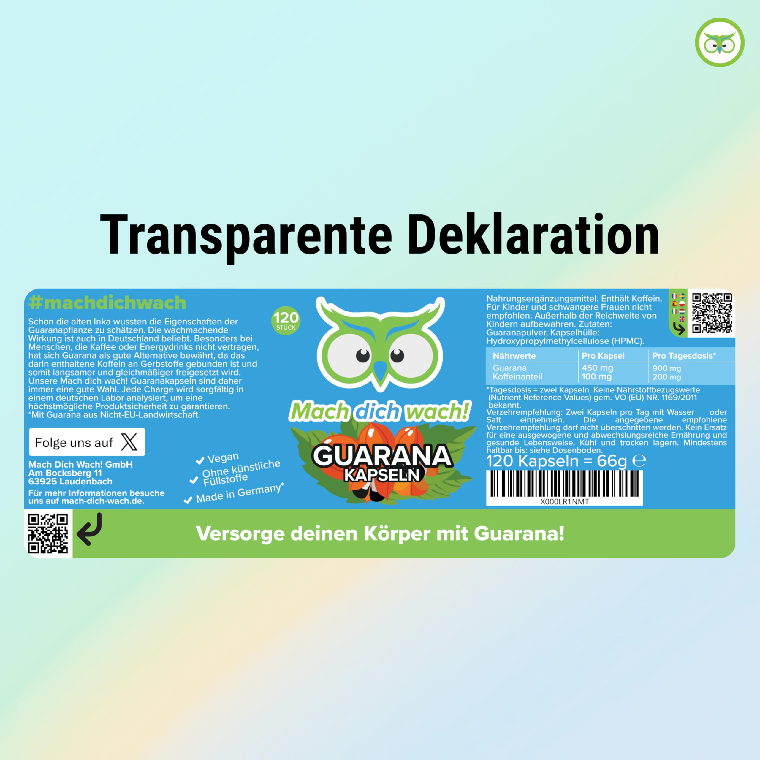 Guarana Kapseln hochdosiert - 100 mg natürliches Koffein - 2700 mg Guarana (450 mg 6:1 Extrakt) - Produktion in Deutschland - vegan, bioaktiv & ohne Zusatzstoffe - laborgeprüft - Mach dich wach!®