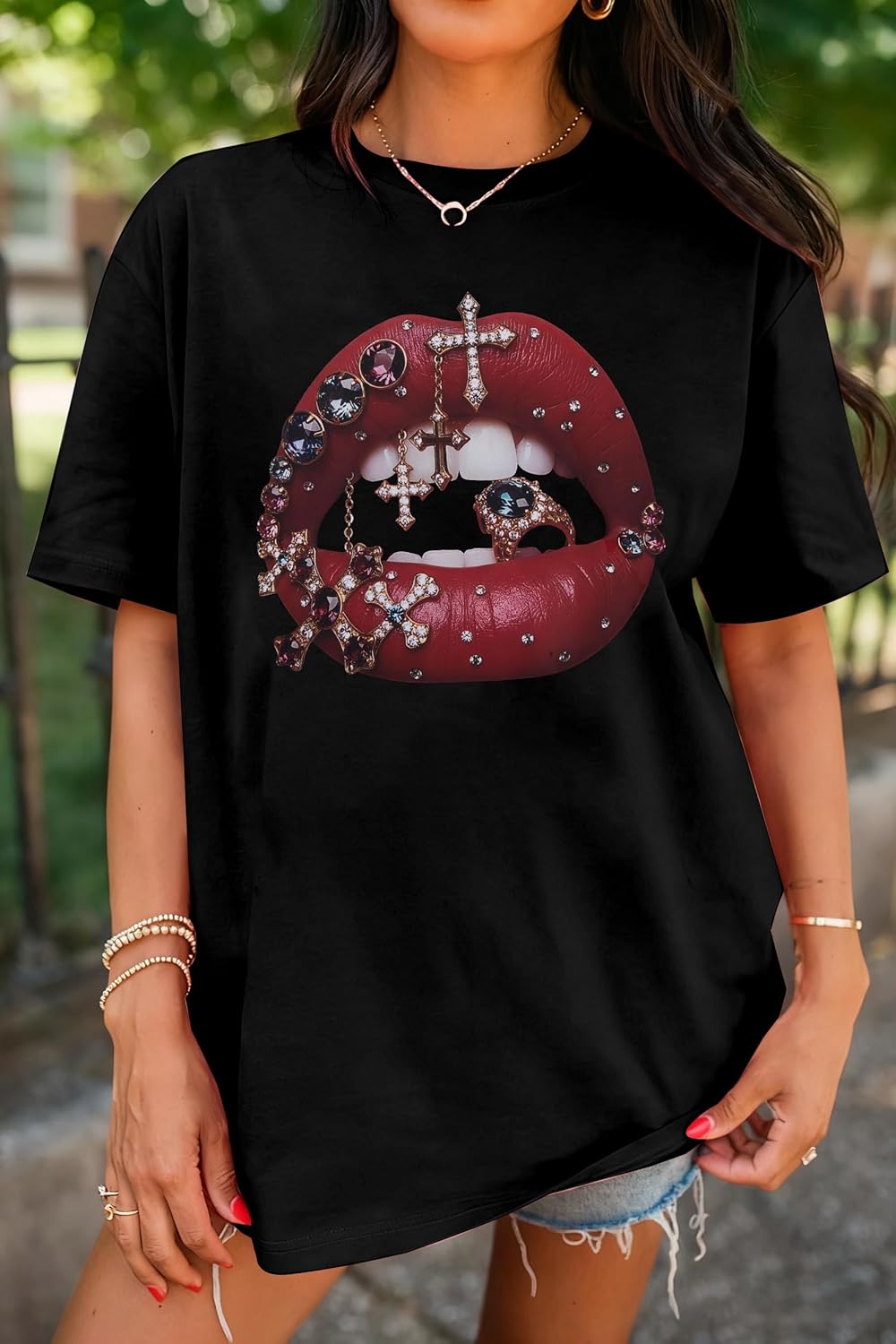 Lip Print Shirts for Women Lip Graphic Oversized Tee Summer Crew Neck Vintage Going Out Tops Y2k Graphic Tees - Image 5