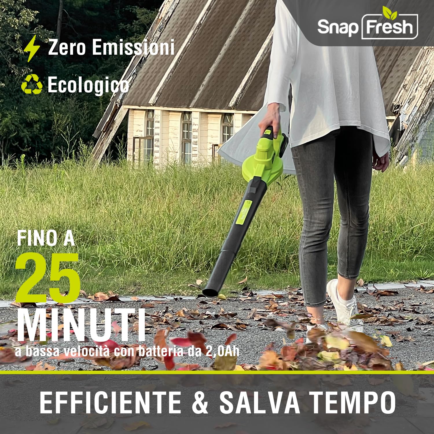 SnapFresh Soffiatore a Batteria 20V Soffiatore Elettrico per Foglie Leggero 1,2 kg, 210 km/h 240 m³/h, 2 Velocità Regolabili, con Batteria e Caricabatterie, per Giardino/Prato/Auto/Polvere (Verde)