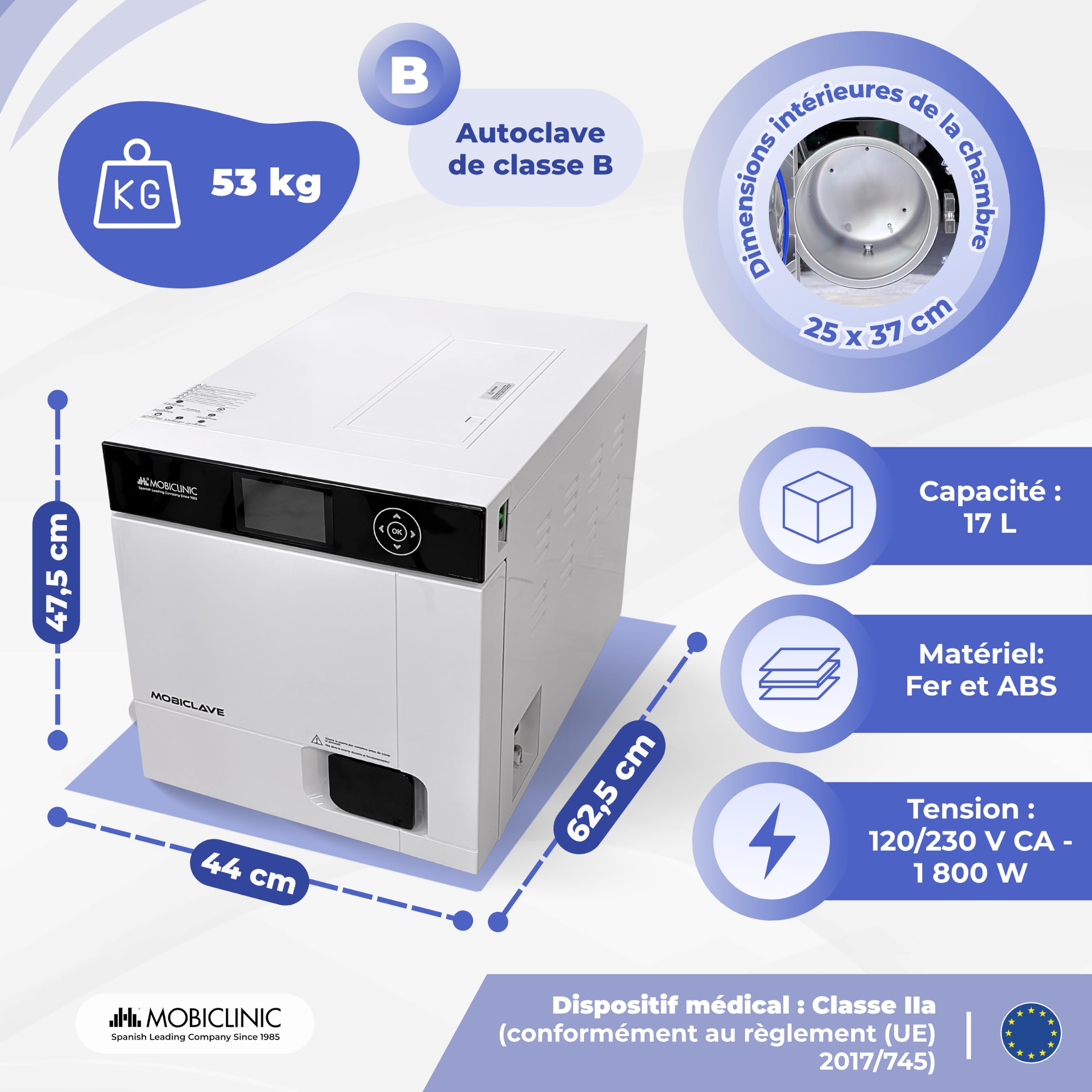 Mobiclinic®, Autoclave Professionnel, Stérilisateur Autoclave à Vapeur 17L, Désinfectant 99% avec Couverture 360°, 6 Cycles, Imprimante, USB, SD, Cliniques et Laboratoires, MobiClave Plus