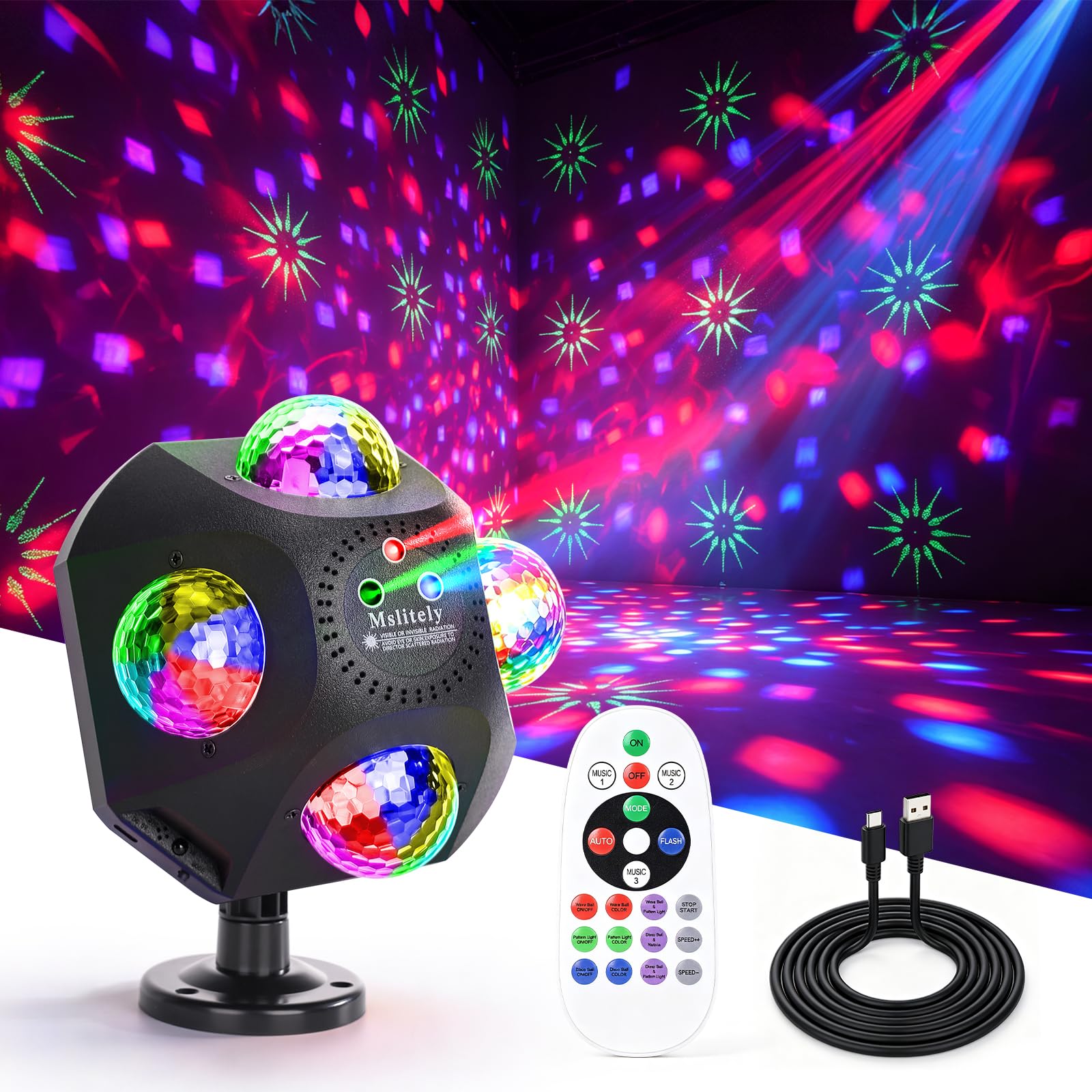 Światło dyskotekowe 7 w 1, kula dyskotekowa, światło z pilotem zdalnego sterowania, USB DJ z efektem fal wodnych, gwiazd i RGB, oświetlenie imprezowe na urodziny, karaoke, do domu i na wydarzenia