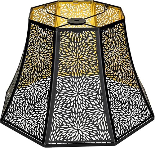 Crisantemo grabado octogonal, pantalla de metal exterior negro y dorado en el interior de 7.9 x 13.8 x 8.7 pulgadas, se adapta a lámpara de mesa y
