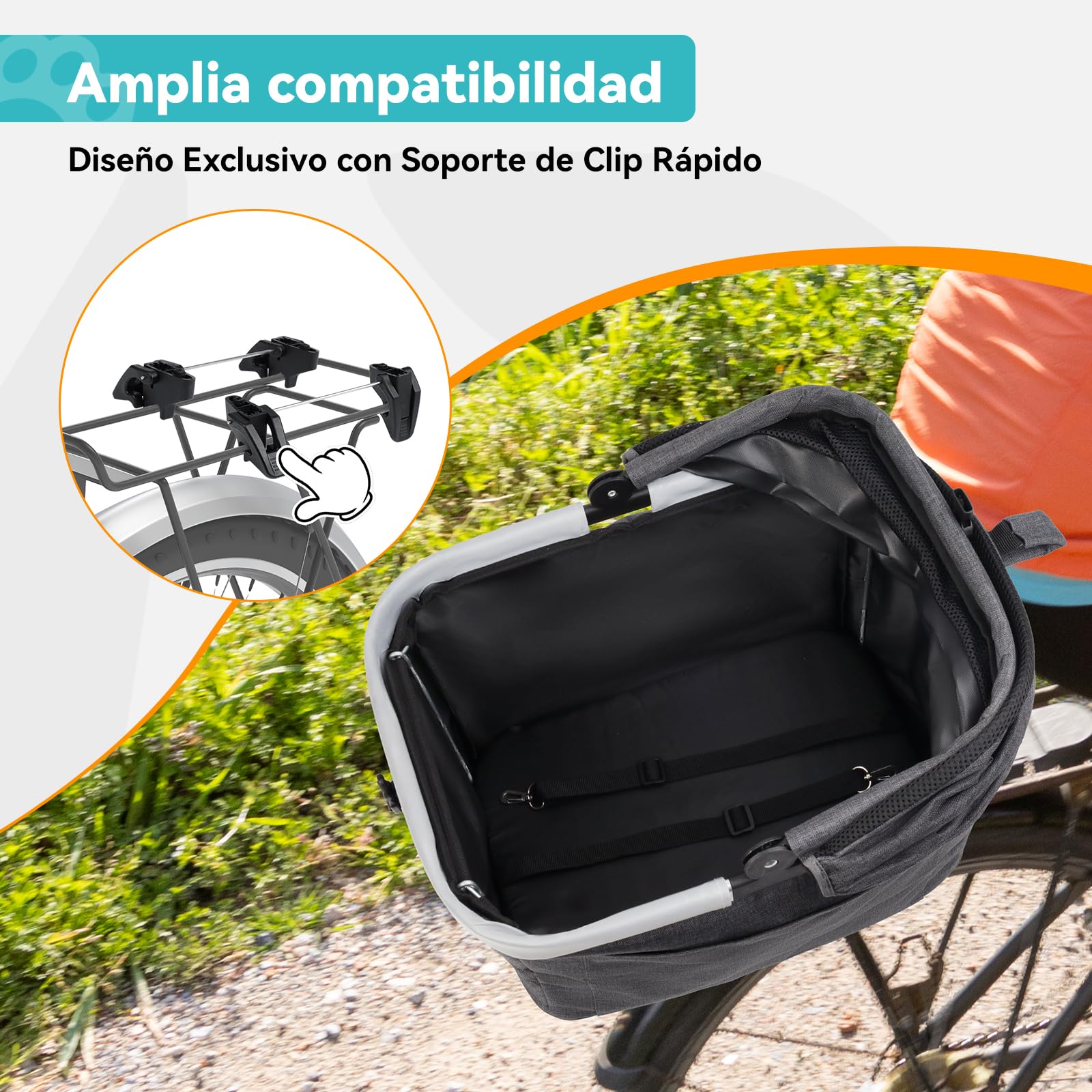 Cesta Trasera Plegable para Perro Gato hasta 12KG con Marco Metálico, Montaje Rápido, Ventana de Malla, Cojín Suave, Tiras Reflectantes, Compatible con Bicicletas Eléctricas y Urbanas