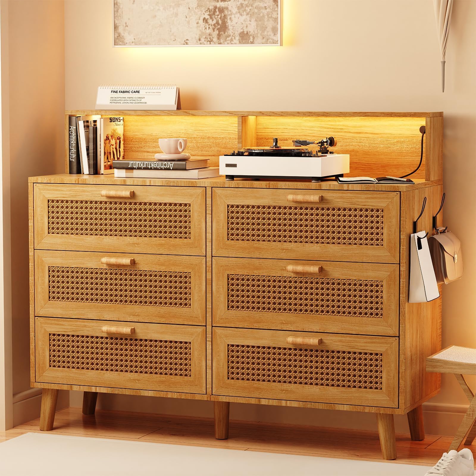 Dresser for Bedroom, 6 Drawer Boho Dresser with LED Light, Rattan Chest of Dressers, Modern Wood Dresser Chest, BesideTable for closet,Storage Organizer Cabinet for Hallway Entryway LivingRoom black