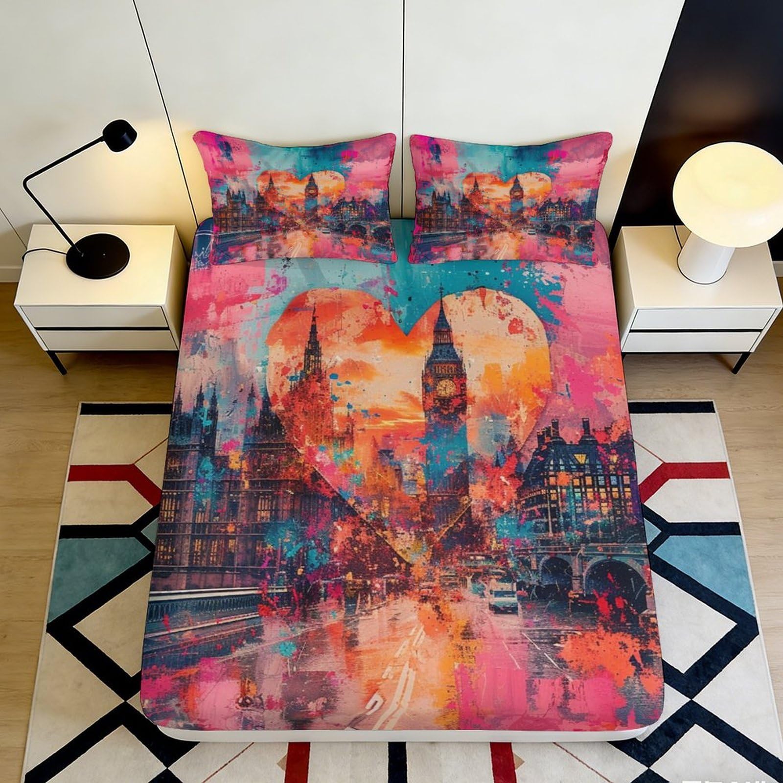 3D Printed London City Heart Fitted Sheet Microfiber Bedroom Decor Art Mattress Cover for Home Dorm Teen Adult 90x200x25cm