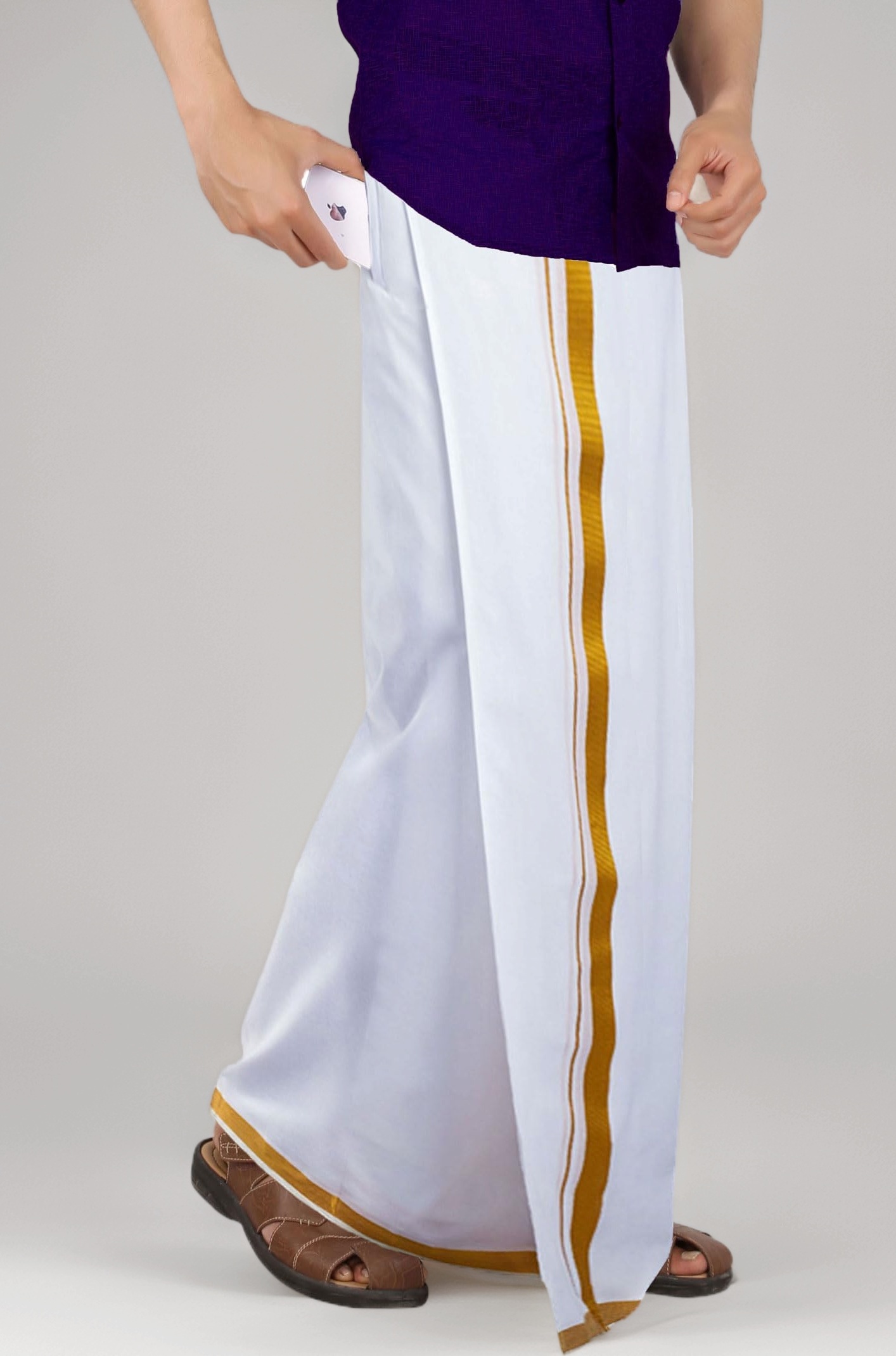 PRAKASAM COTTON -Welcro pocket dhoti for mens/Jari border welcro pocket Stitched Dhoti for Mens