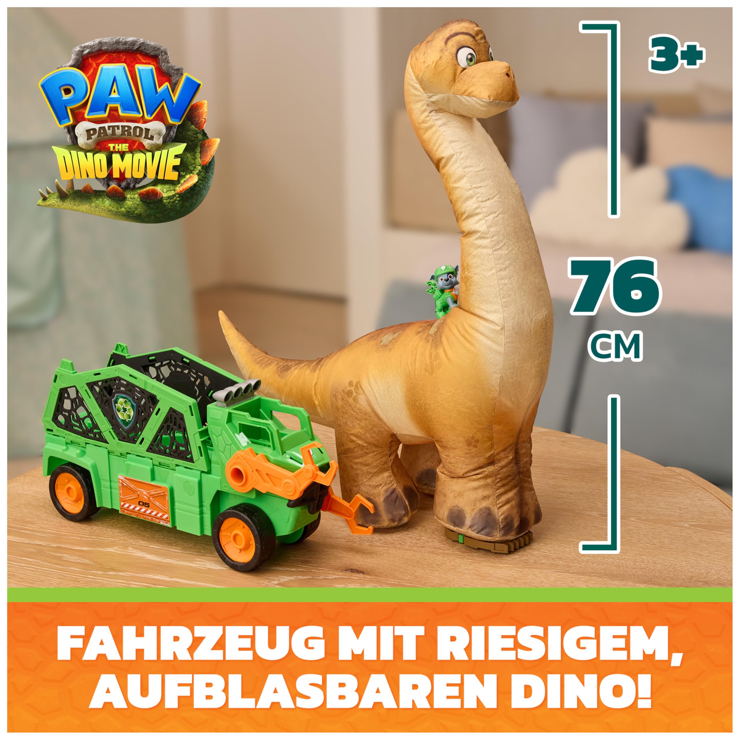 PAW PATROL: Der Dino Film Rockys Megasaurus Transport-Fahrzeug, ab 3 Jahren | 76 cm aufblasbarer Dino | 2-in-1 Dino & Fahrzeug | Per Knopfdruck aufblasbar | Licht & Geräuscheffekte | Mit Rocky-Figur
