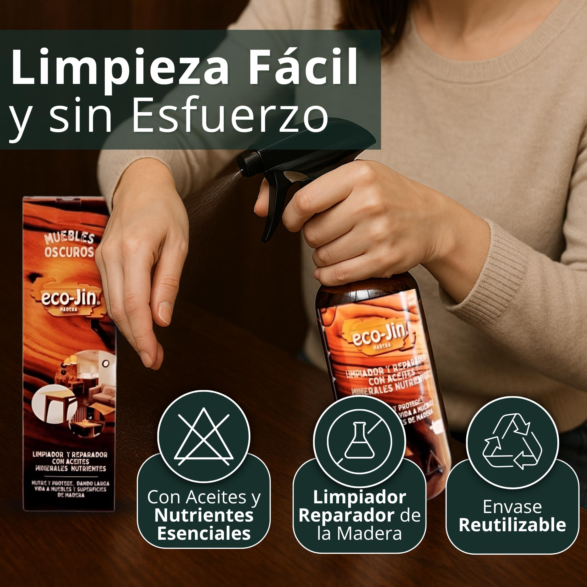 Eco-Jin Pack Oleo Madera Oscura | Bayeta Microfibra | Vitro Twist | Big Inox | Limpiador y Reparador con Aceites Naturales
