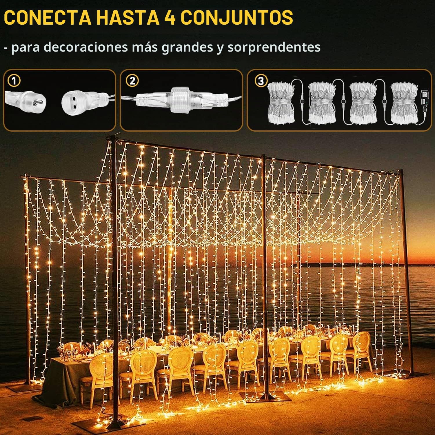 yowin Cortina de Luces 600 LED 6mx3m Luces Navidad con Enchufe, Temporizador, 8 Modos Impermeable Cascada Luces para Exterior Balcon Jardín Terraza Escaparates Interior Decoración - Blanco Cálido