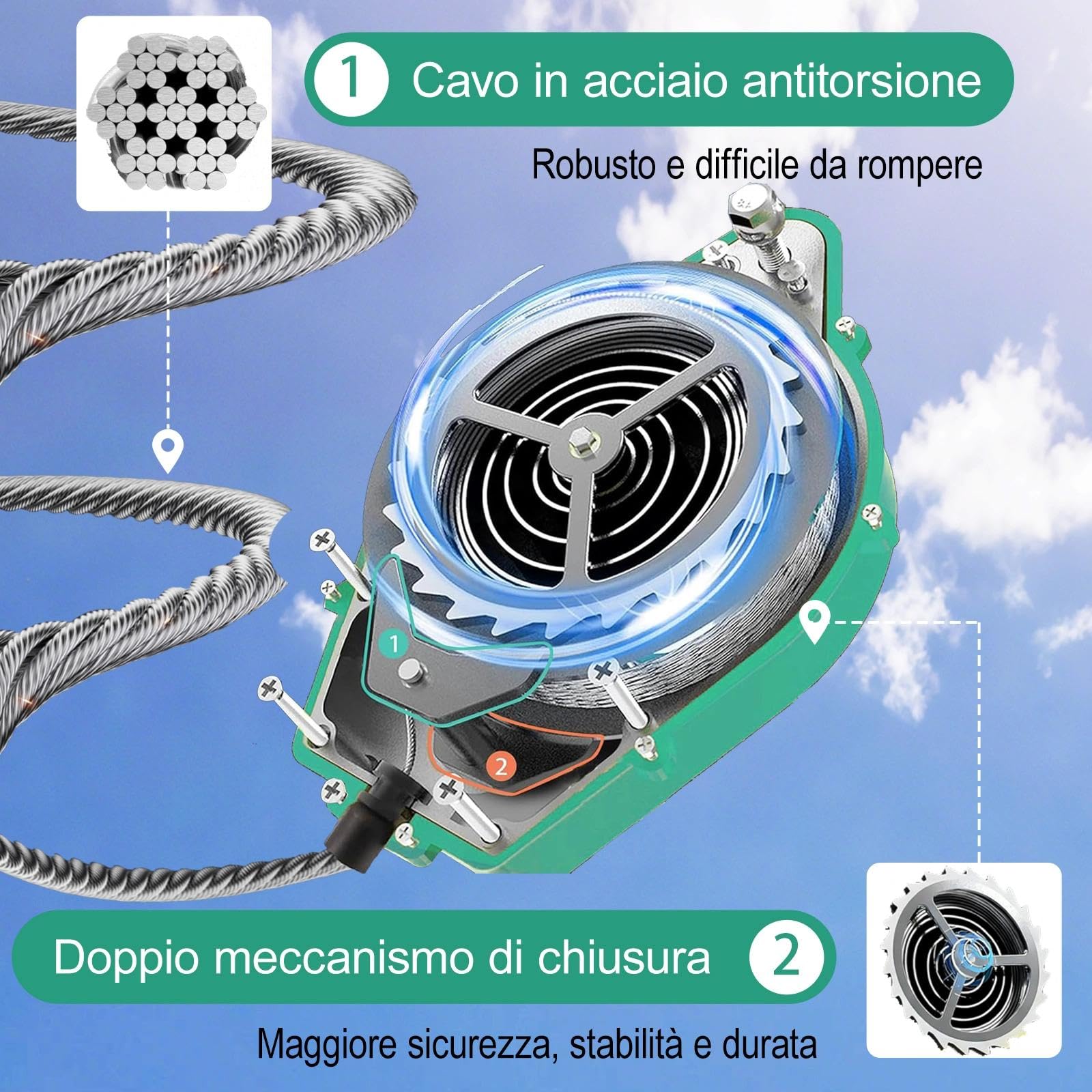 Dispositivo Anticaduta Retrattile 3-20M, Imbracatura di Sicurezza Anticaduta per Lavori in Quota, Funzione di Richiamo Automatico con Gancio Autobloccante per Tetto Edilizia(Verde,10m)