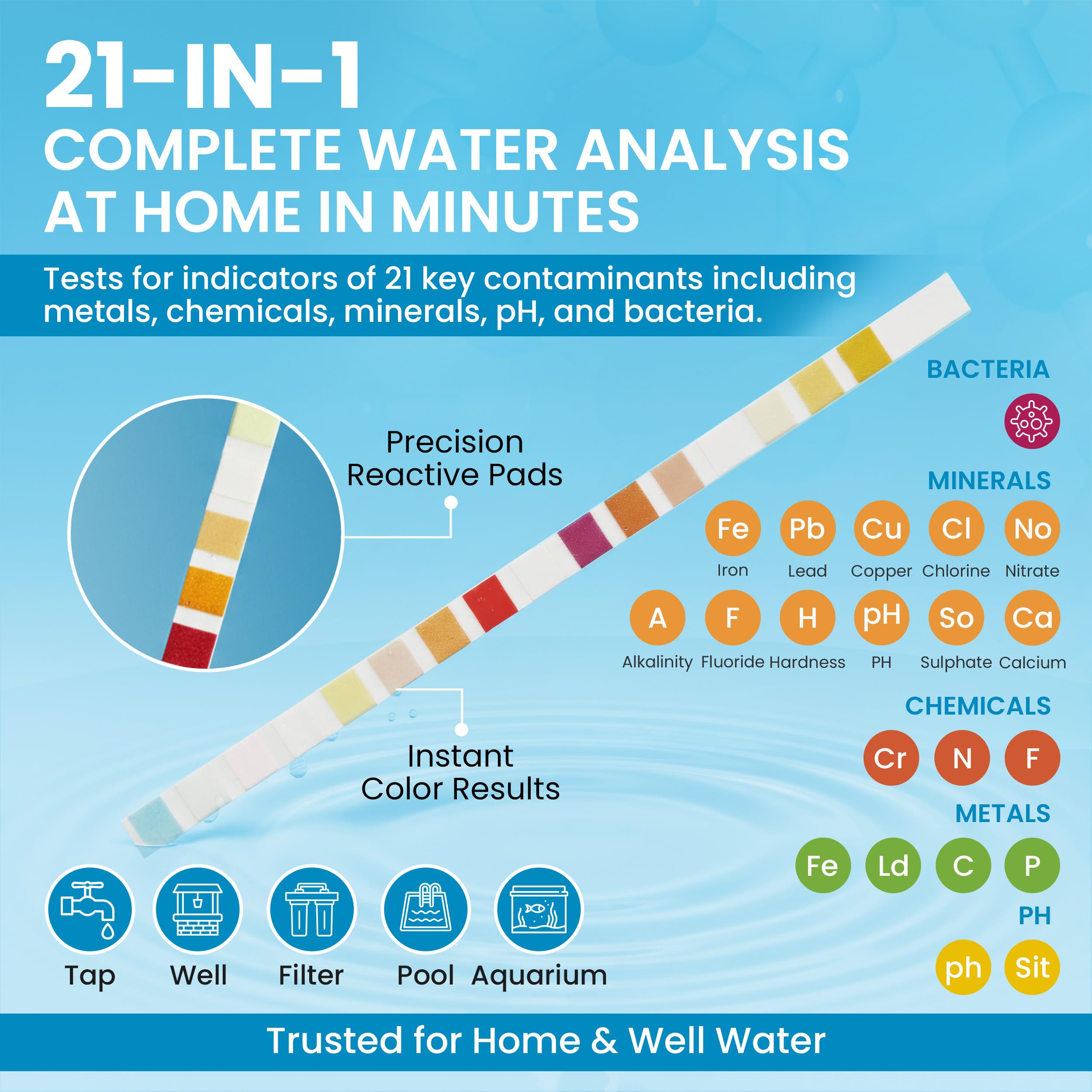 21 in 1, kit di test dell'acqua potabile, 120 strisce reattive + 2 test batteri. Test di qualità dell'acqua del rubinetto e del pozzo per piombo, pH, durezza, cloro, nitrato