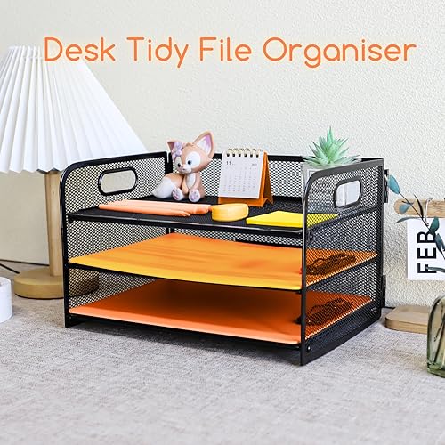 Miniatura 5 de Bandeja de papel de 3 niveles con asa, organizador de archivos de escritorio de malla metálica con bandejas, bandejas de papel A4, soporte para