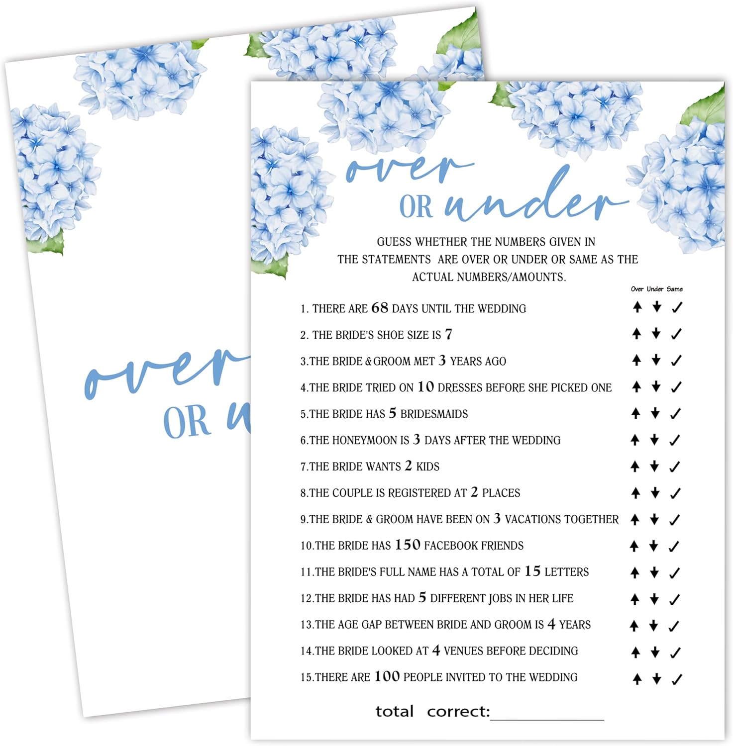 Bridal Shower Games, Blue Hydrangea Wedding Shower Game Cards, Bachelorette Party Games For Bride Groom Newlyweds Couples, Engagement Wedding Party Decorations Supplies Favors, 25 Game Cards，e01