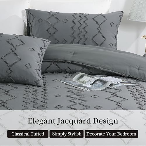 Miniatura 5 de HOMBYS Juego de edredón jacquard de gran tamaño de 120 x 120 pulgadas, edredón gris bohemio para cama King, juegos de cama Shabby Chic con 2 fundas