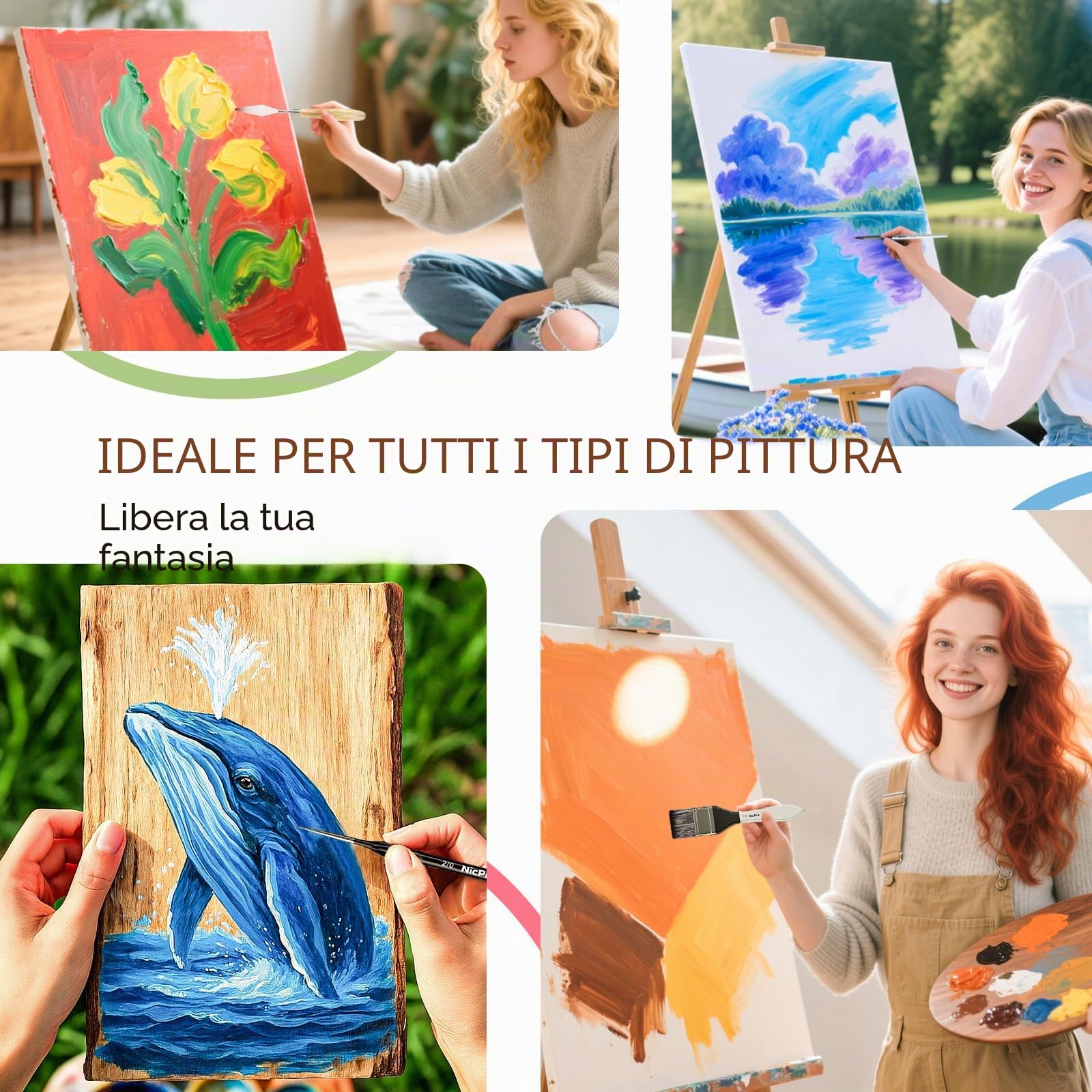 Nicpro 36 pezzi pennelli per dipingere, pennelli professionali con spatola e rotolo di stoffa, adatto per artisti e principianti per pittura acrilica, olio, acquerello, gouache