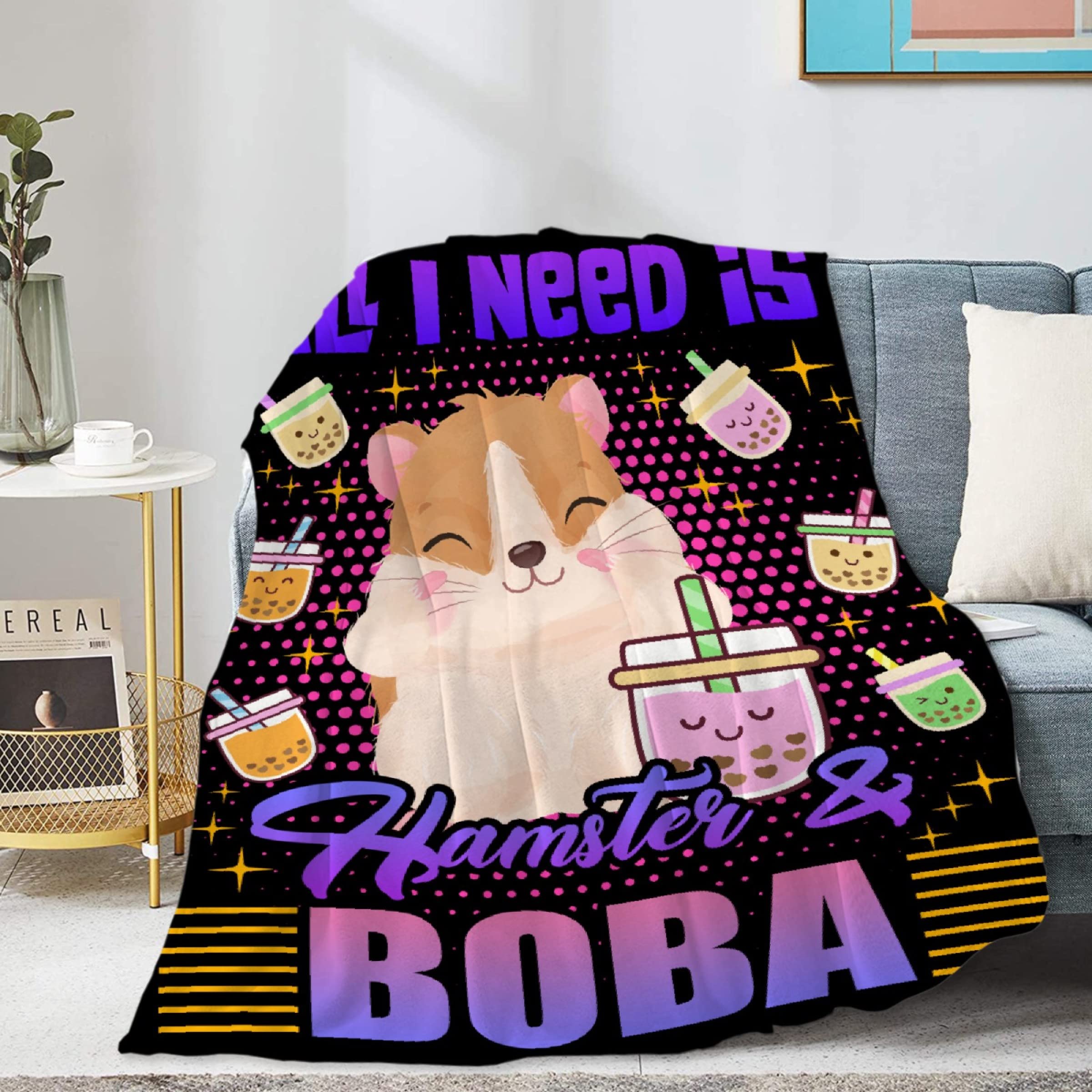Homiehug All I Need is Hamster & Boba Soft Blanket Flannel Cozy Fuzzy Cute Animal Throws for Nap Bed Couch Home Decor Tapestries Plush Gifts Non-Shedding 50