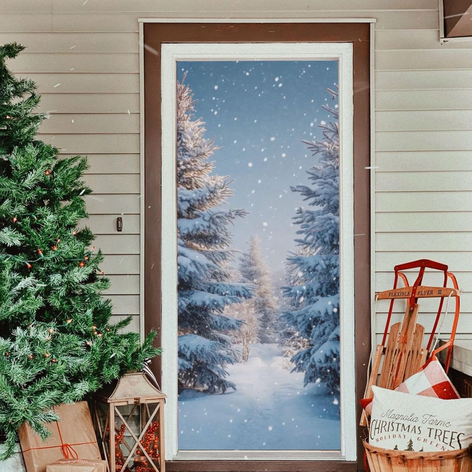 Burbuja Snowy Forest Door Cover, Stretch Fabric Backdrop Door Porch Covers for Home Party Holidays Decoration, 35x79 In